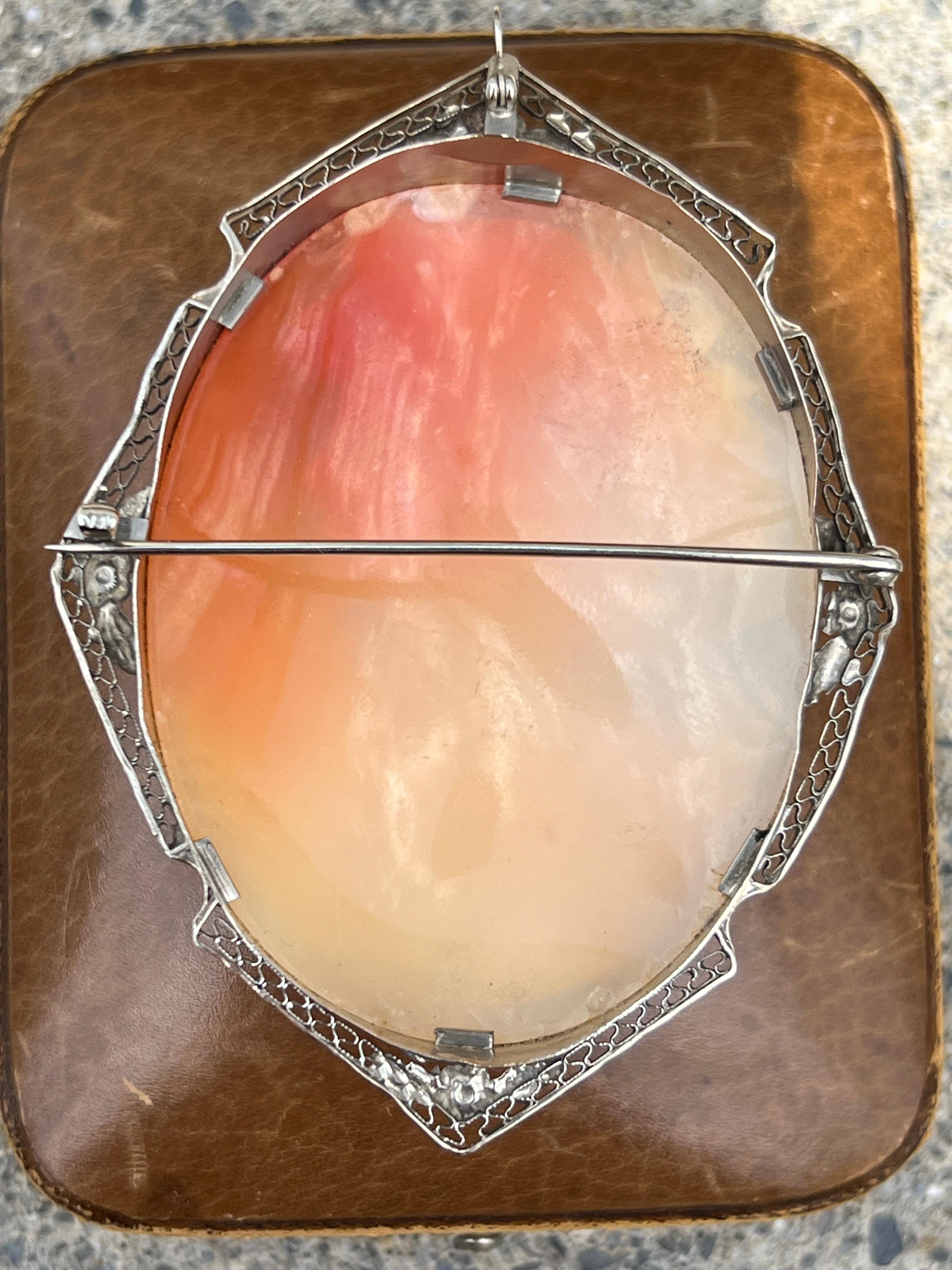 Victorian Art Deco White Gold and Cameo Shell Brooch 1920s For Sale