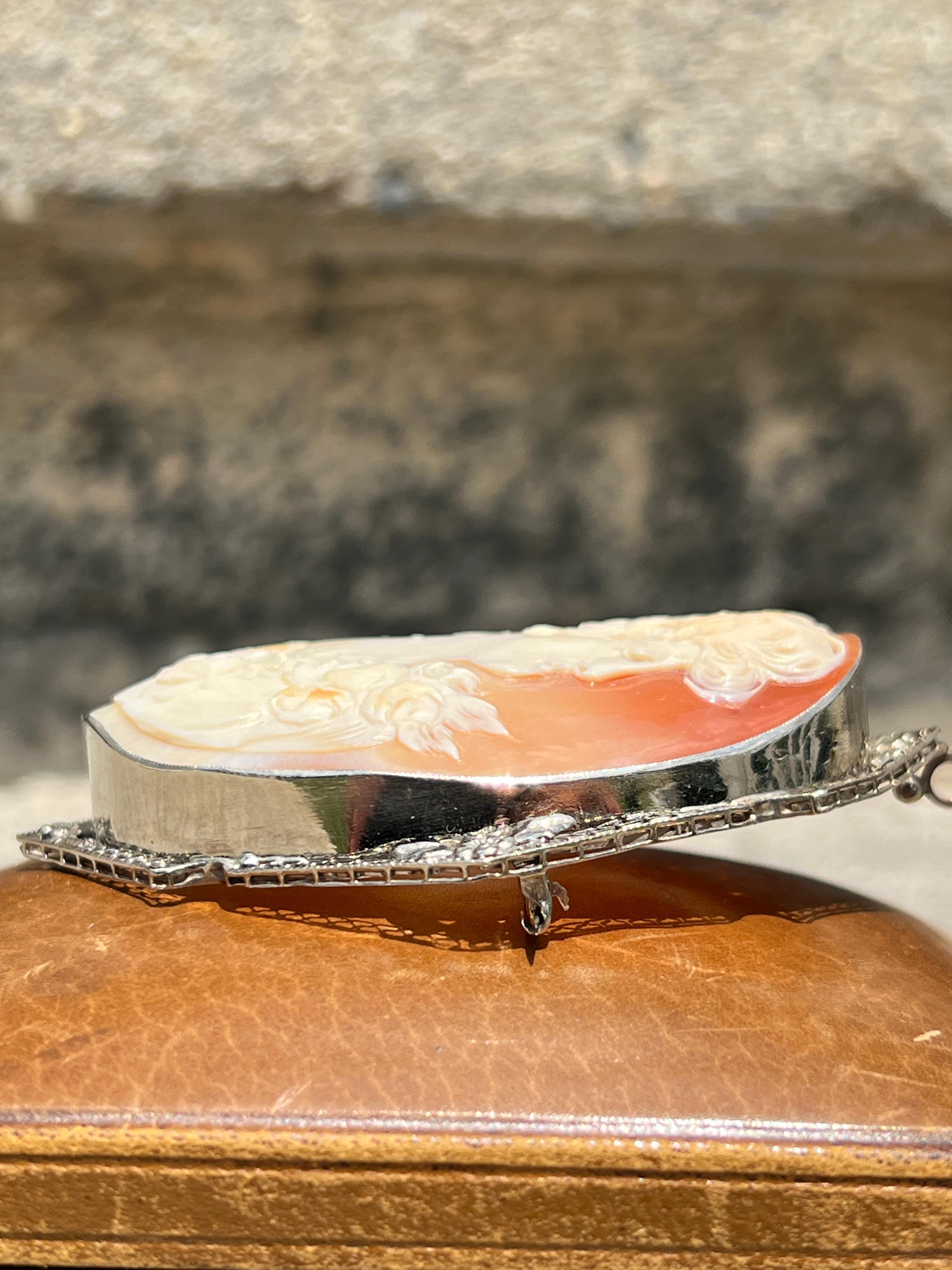 Art Deco White Gold and Cameo Shell Brooch 1920s In Good Condition For Sale In Towson, MD