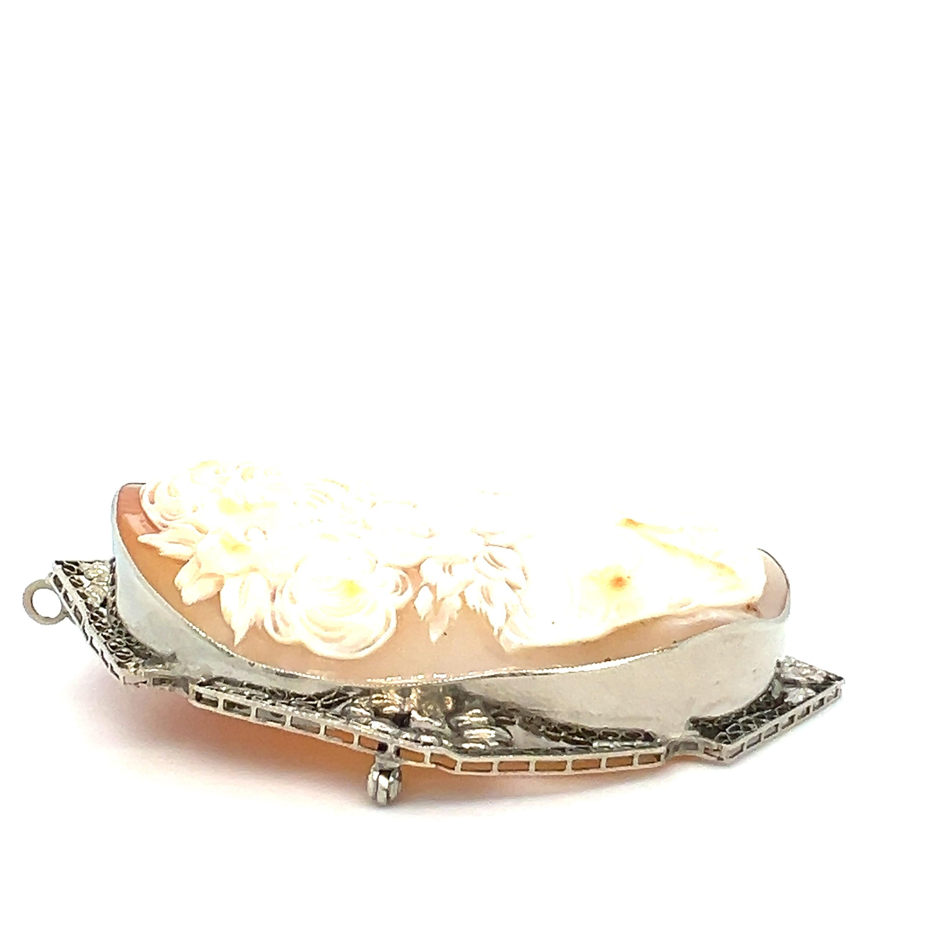 Art Deco White Gold and Cameo Shell Brooch 1920s For Sale 3