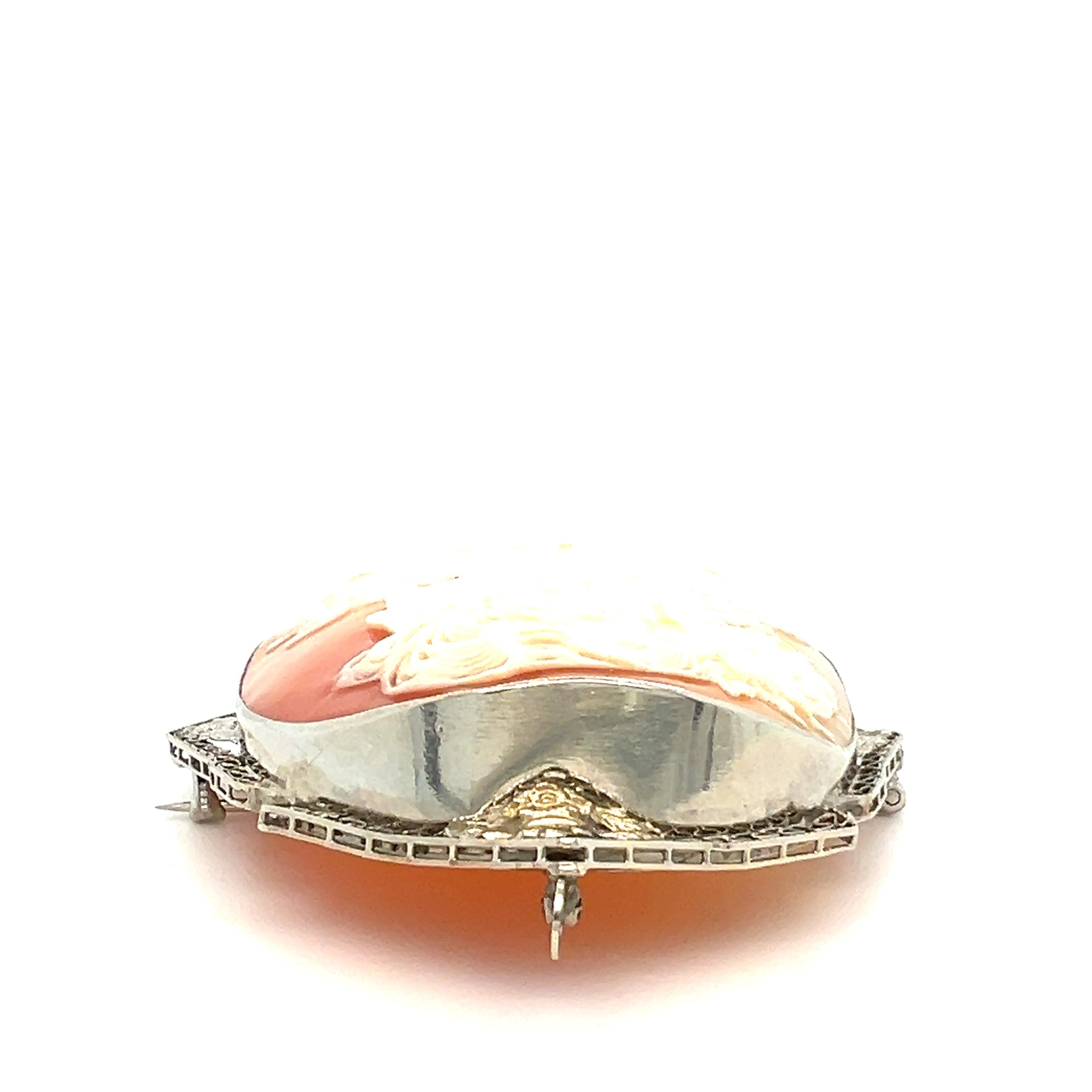 Art Deco White Gold and Cameo Shell Brooch 1920s For Sale 4
