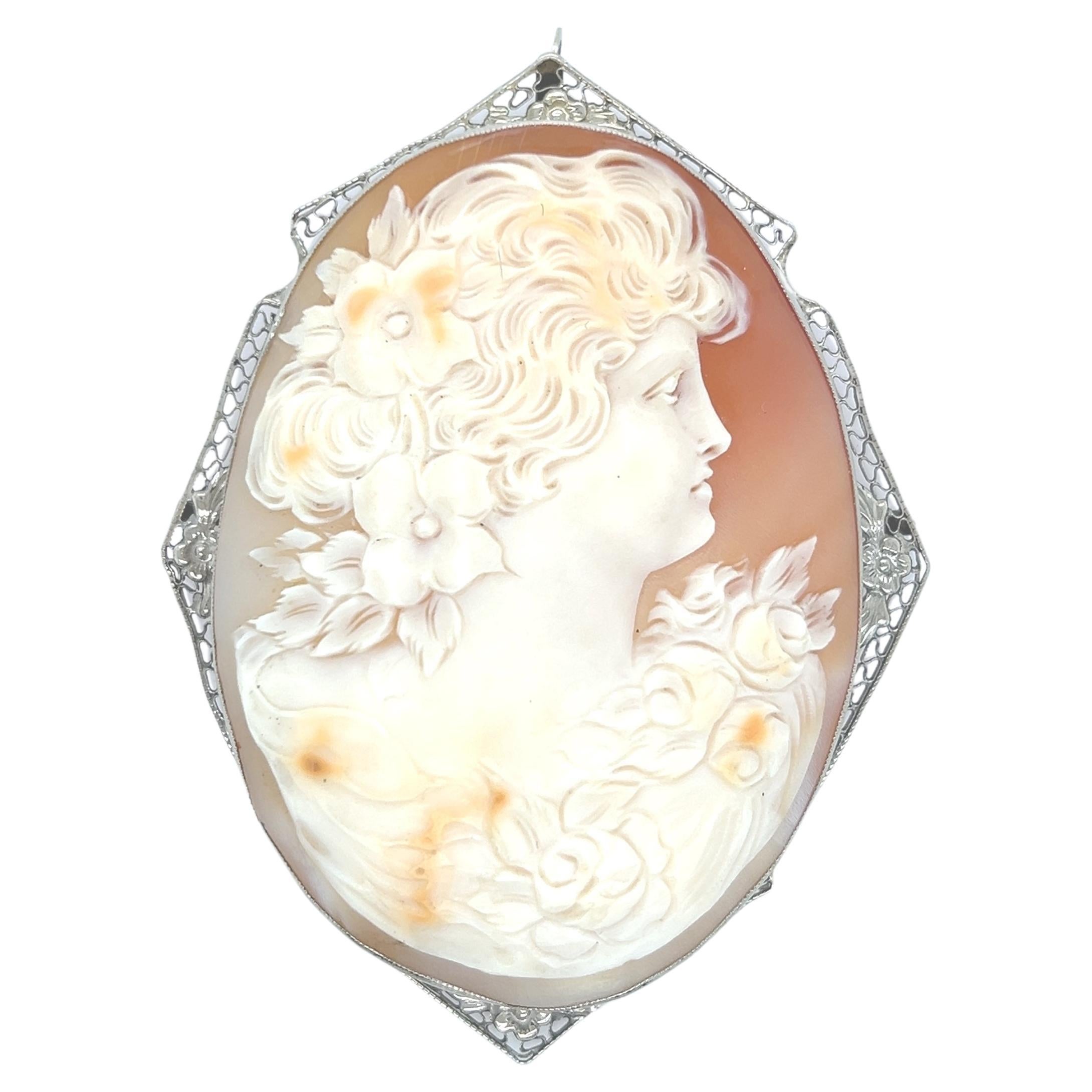 Art Deco White Gold and Cameo Shell Brooch 1920s For Sale