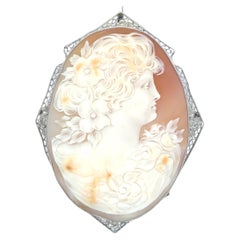 Art Deco White Gold and Cameo Shell Brooch 1920s
