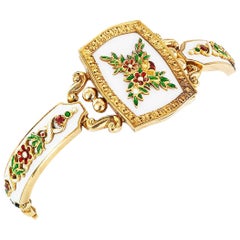 Victorian White Green Red Enamel Diamond Gold Bracelet