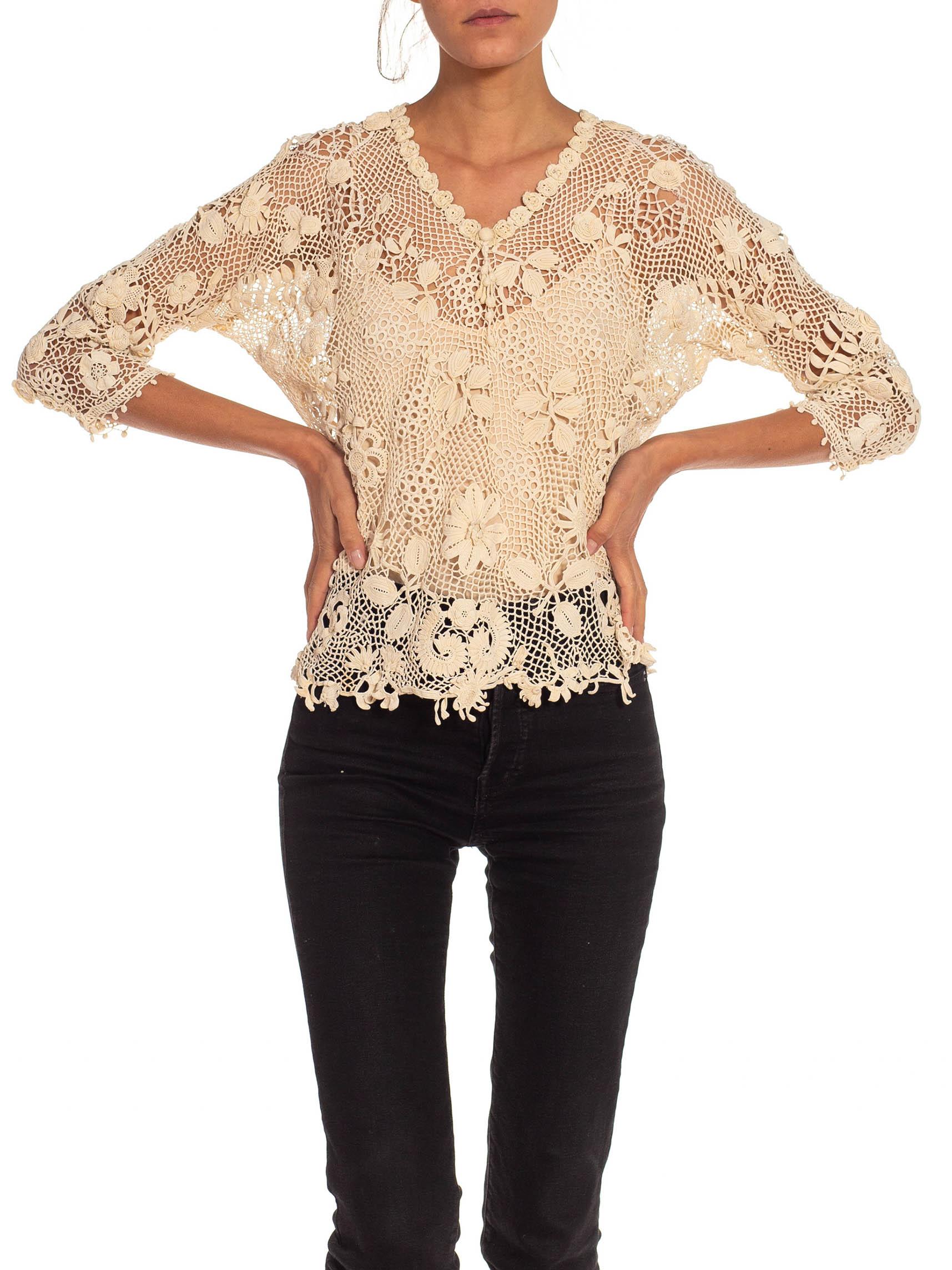 Victorian White Irish Crochet Top With Long Sleeves For Sale 2