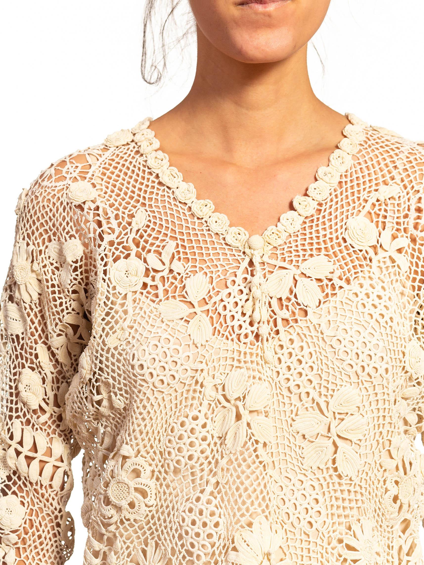 Victorian White Irish Crochet Top With Long Sleeves For Sale 3