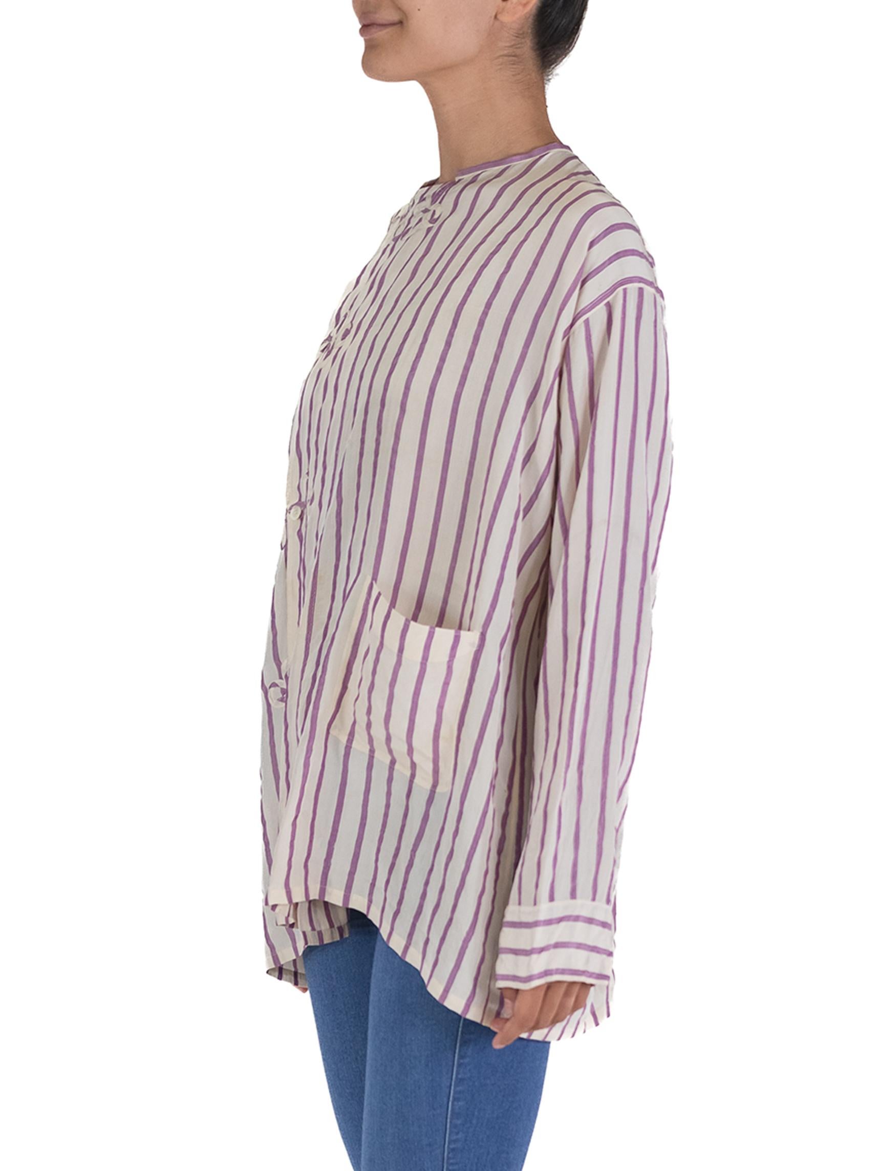 Victorian White & Lavender Silk Striped Antique Pajama Top In Excellent Condition For Sale In New York, NY