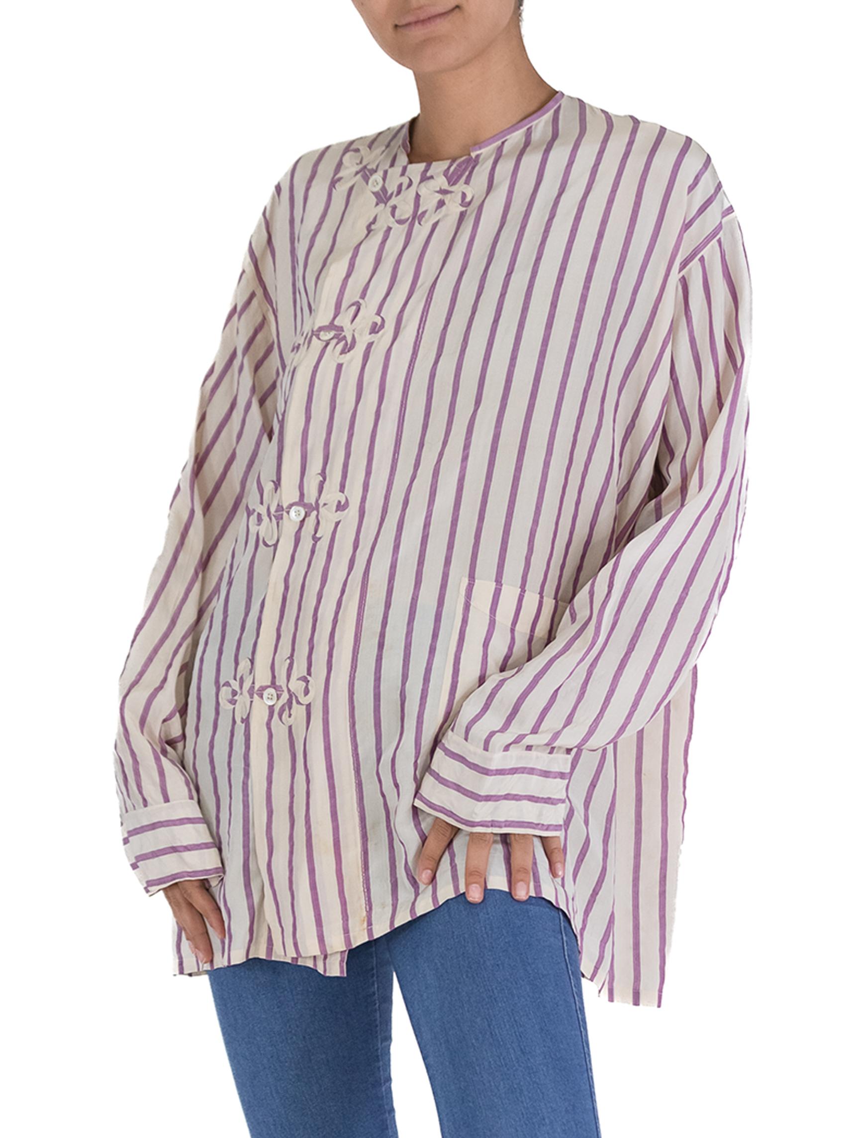 Men's Victorian White & Lavender Silk Striped Antique Pajama Top For Sale