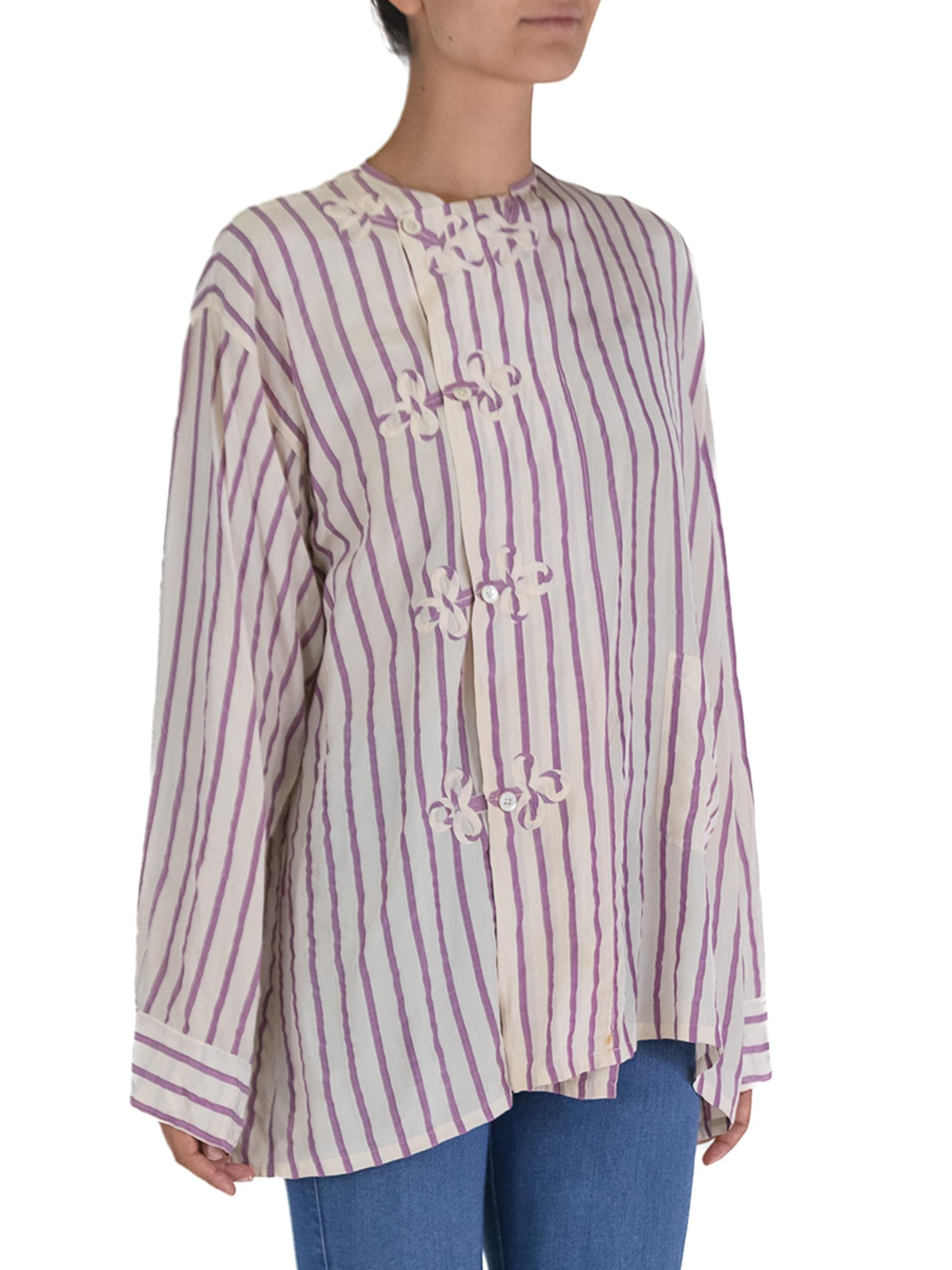 Victorian White & Lavender Silk Striped Antique Pajama Top For Sale 1