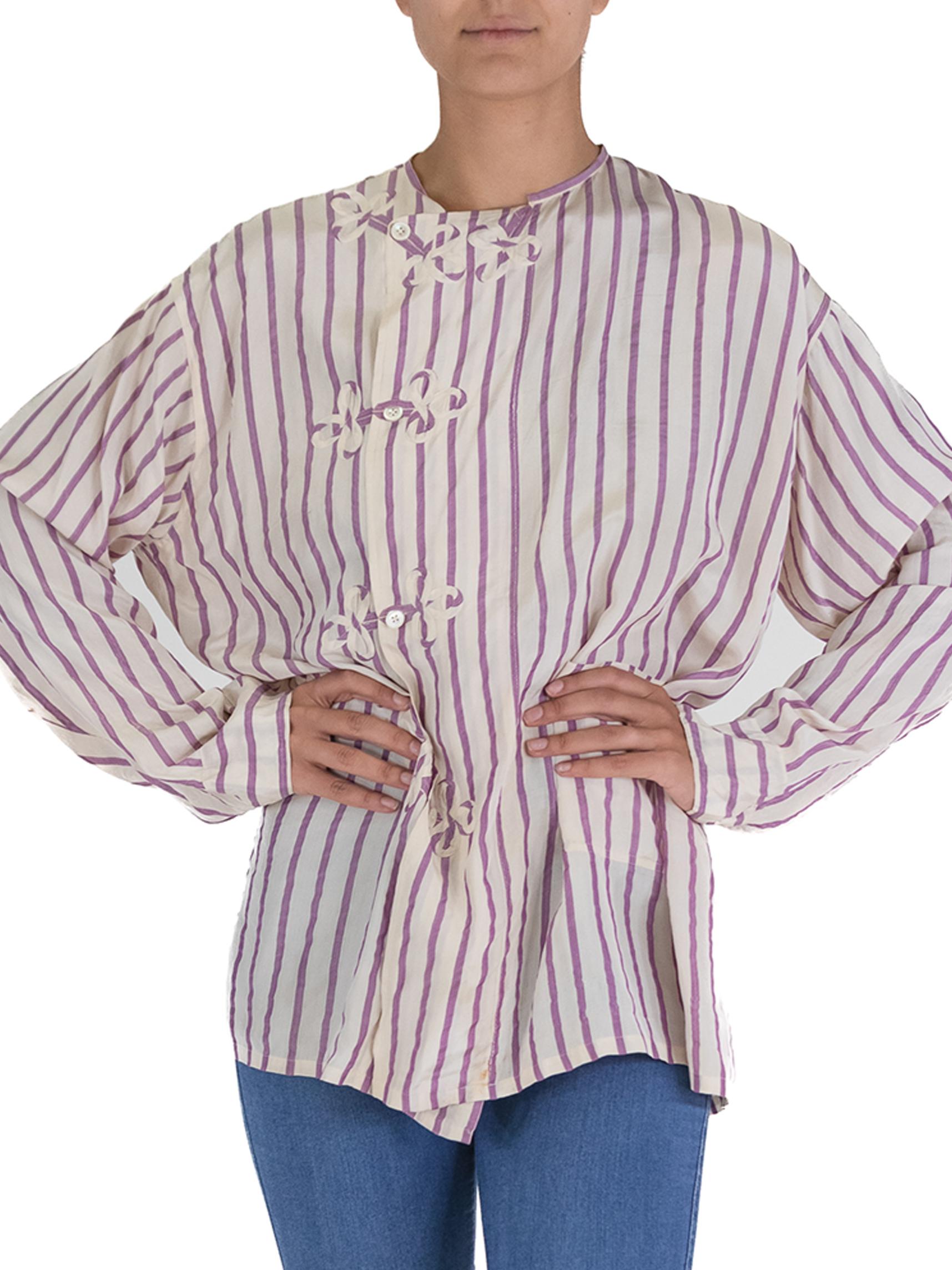 Victorian White & Lavender Silk Striped Antique Pajama Top For Sale 2