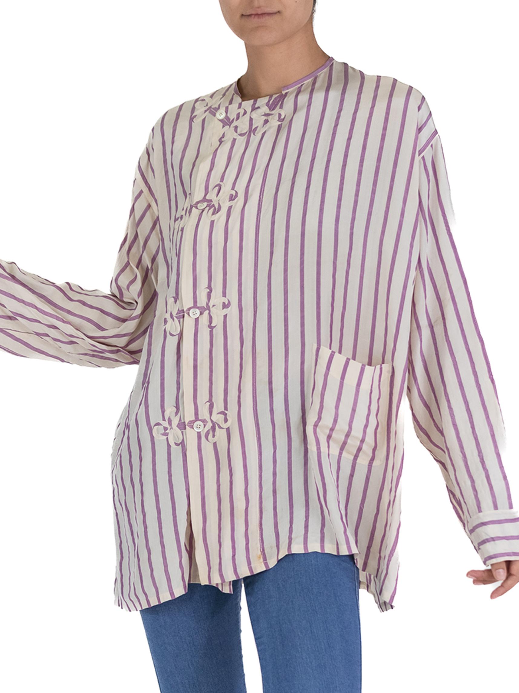 Victorian White & Lavender Silk Striped Antique Pajama Top For Sale 3