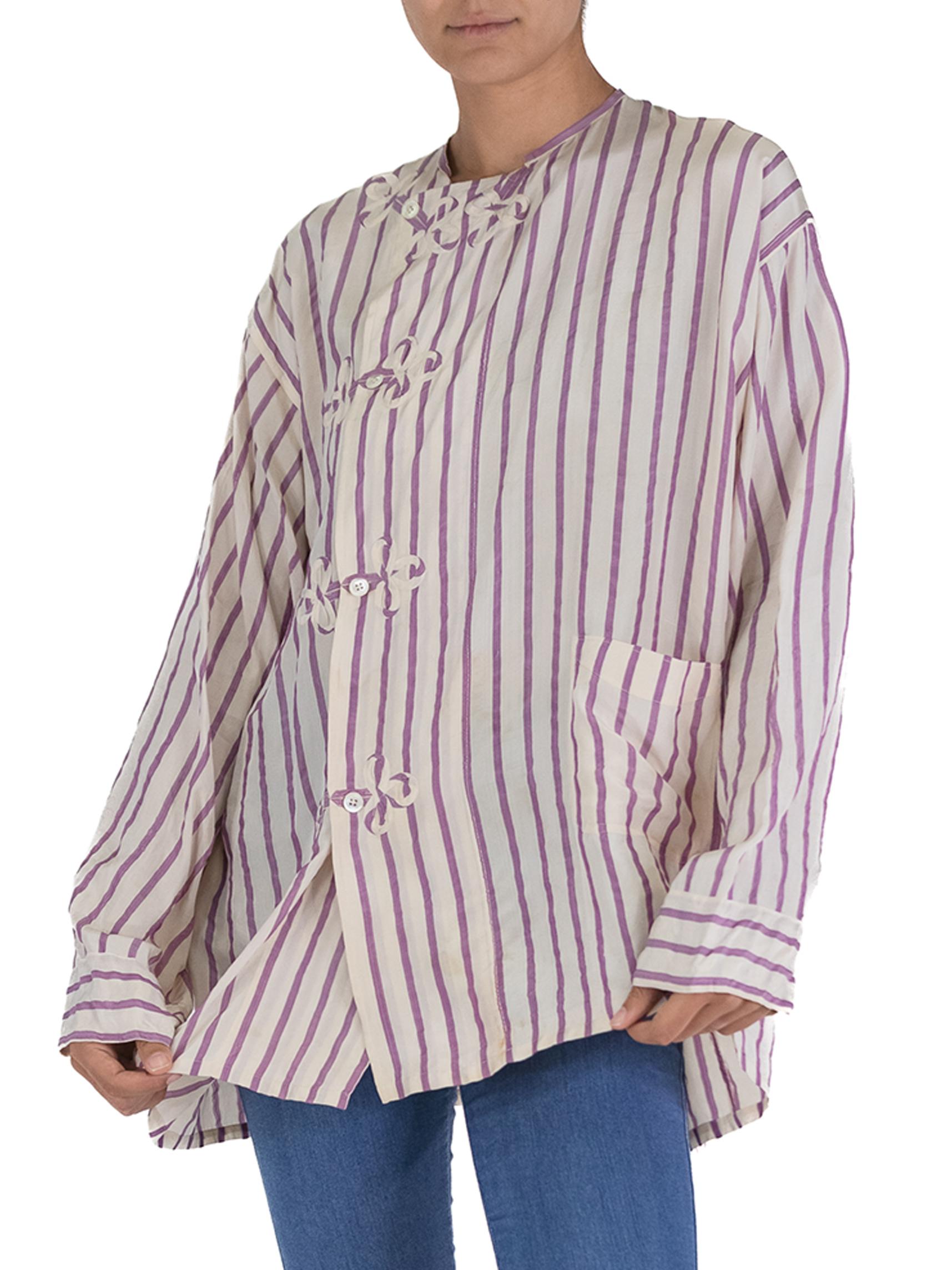 Victorian White & Lavender Silk Striped Antique Pajama Top For Sale 4