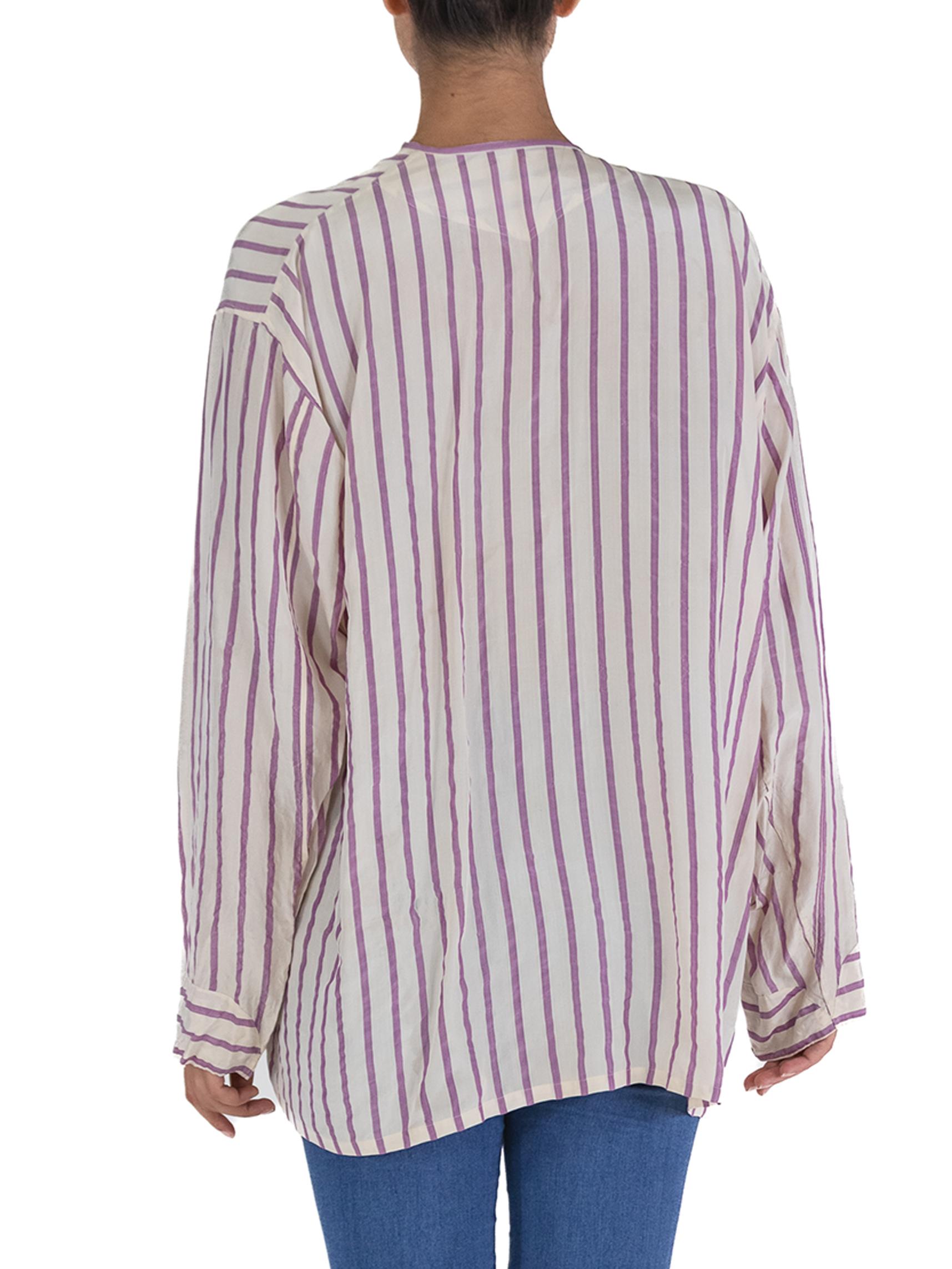 Victorian White & Lavender Silk Striped Antique Pajama Top For Sale 5