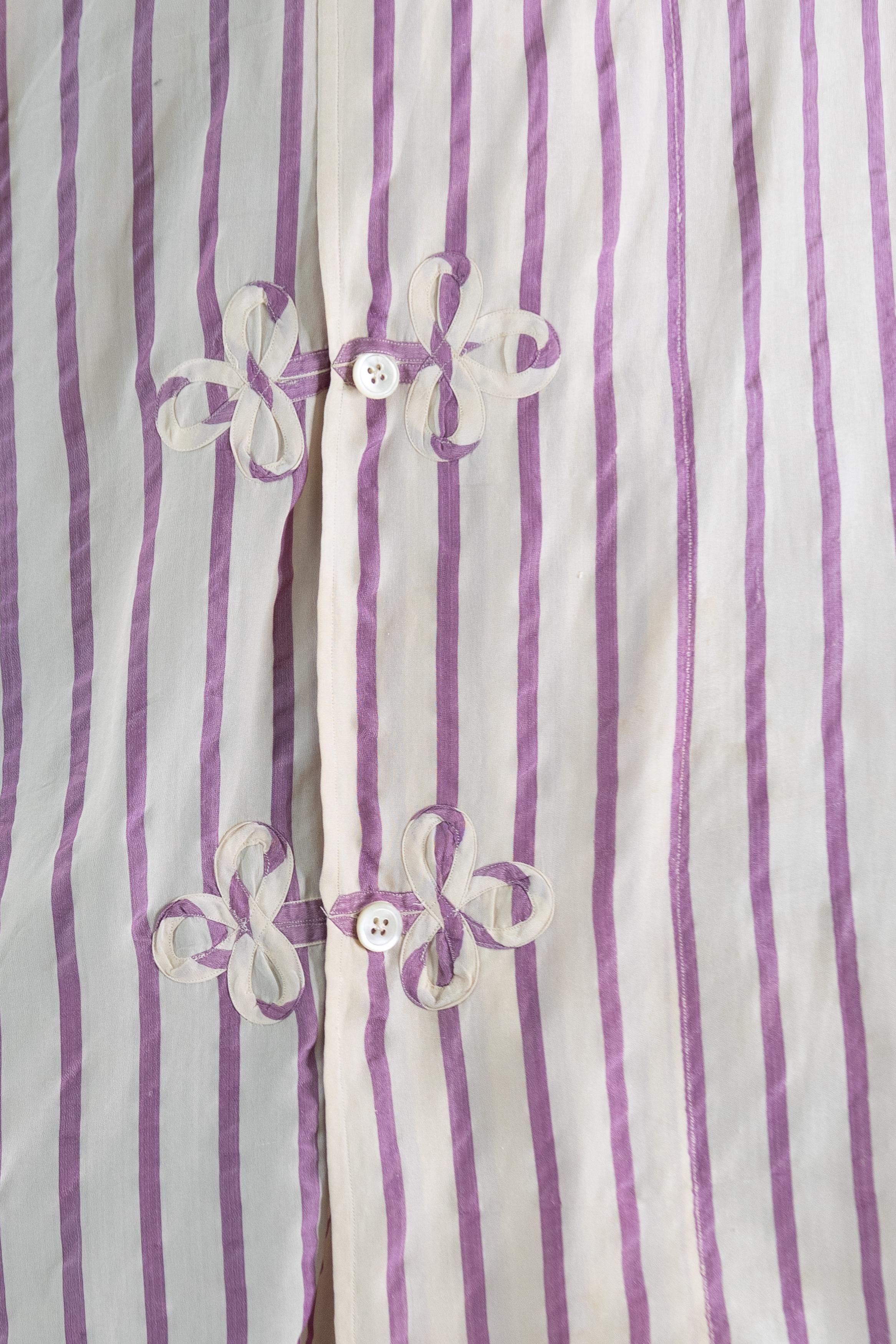 Victorian White & Lavender Silk Striped Antique Pajama Top For Sale 6