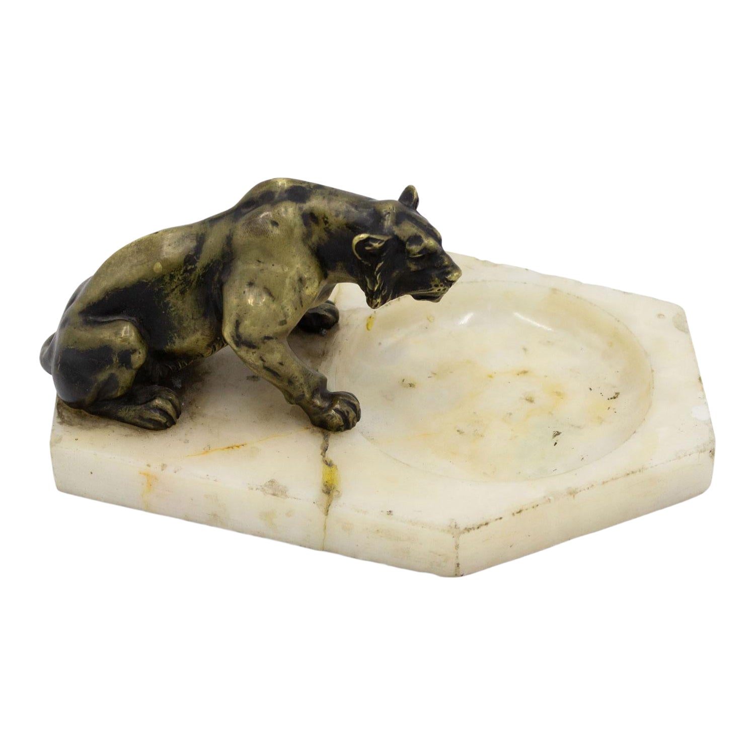 Cendrier victorien en onyx blanc avec tigre en vente