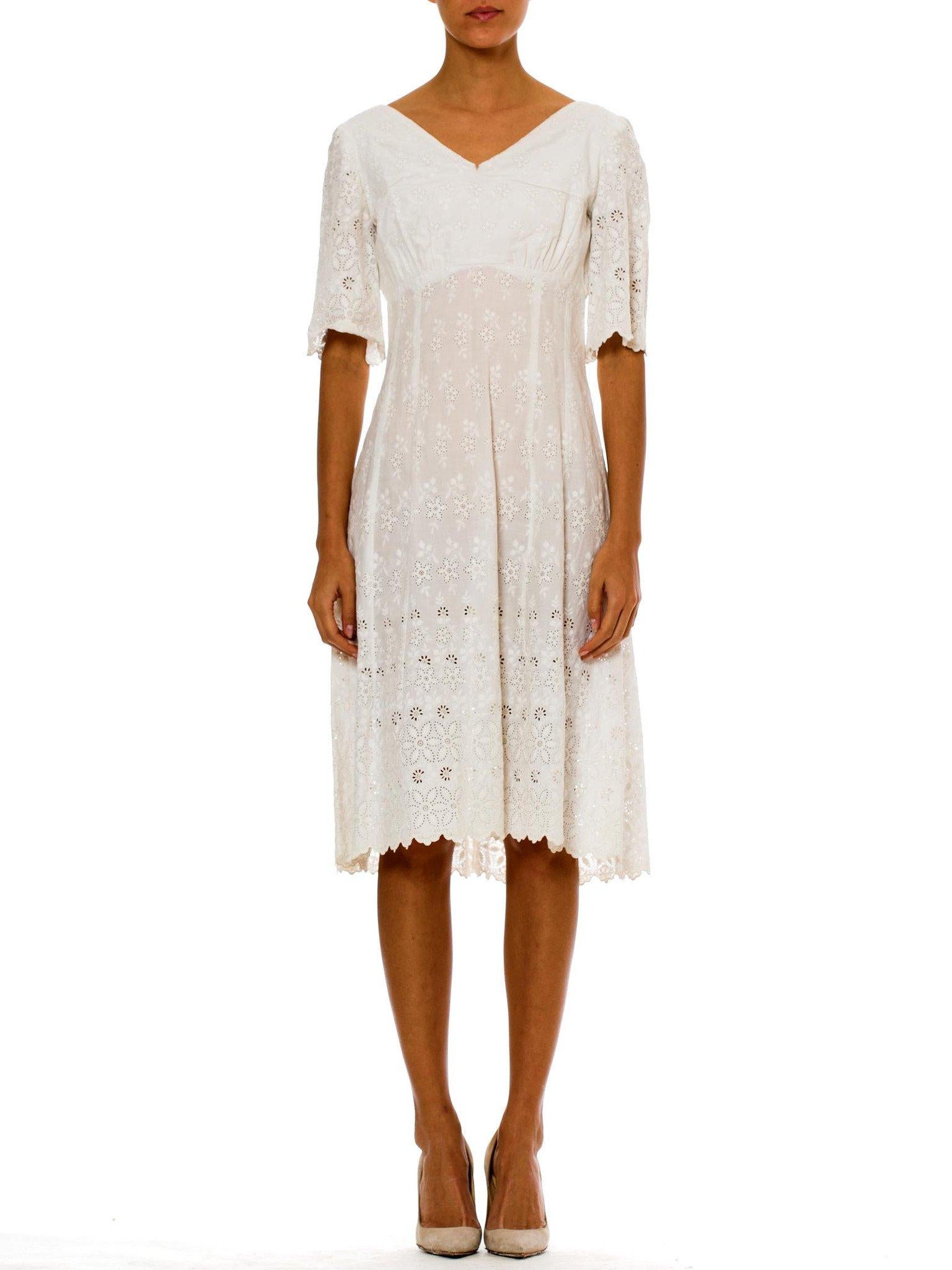 Victorian White Organic Cotton Dress With Floral Eyelet Embroidery & Scalloped Hem