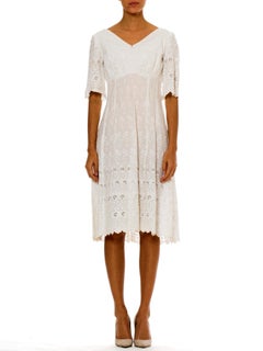 Victorian White Organic Cotton Dress With Floral Eyelet Embroidery & Scalloped