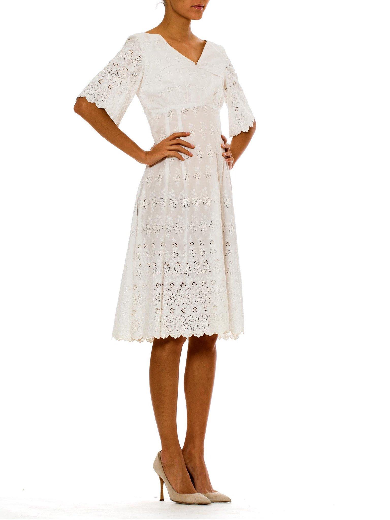 Victorian White Organic Cotton Dress With Floral Eyelet Embroidery & Scalloped  In Excellent Condition For Sale In New York, NY