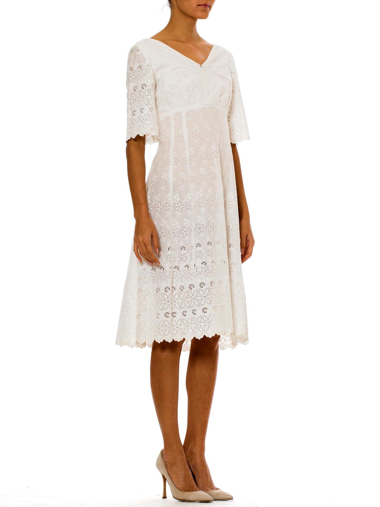 Women's Victorian White Organic Cotton Dress With Floral Eyelet Embroidery & Scalloped  For Sale