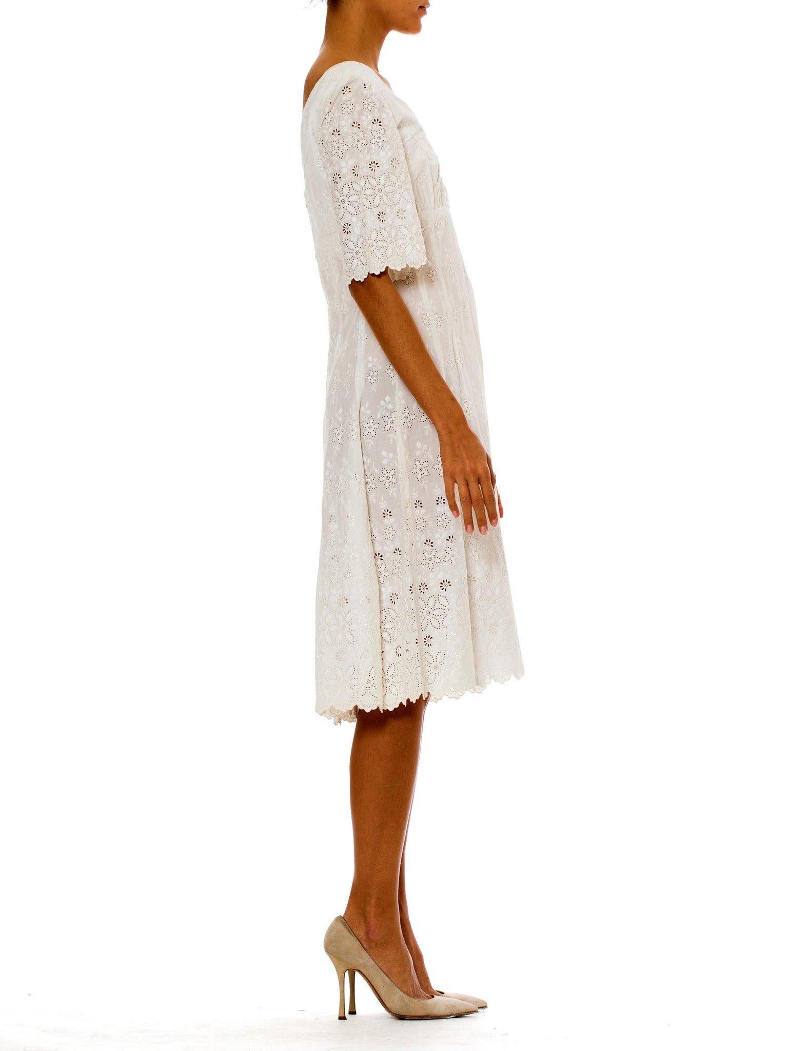 Victorian White Organic Cotton Dress With Floral Eyelet Embroidery & Scalloped  For Sale 1