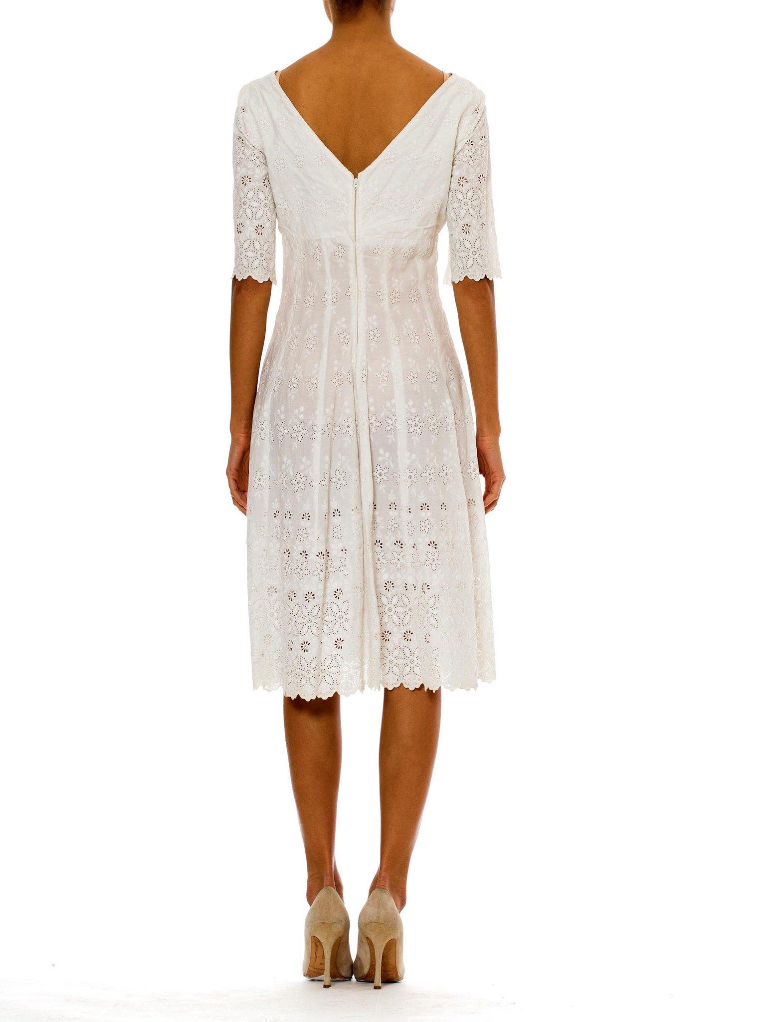 Victorian White Organic Cotton Dress With Floral Eyelet Embroidery & Scalloped  For Sale 2