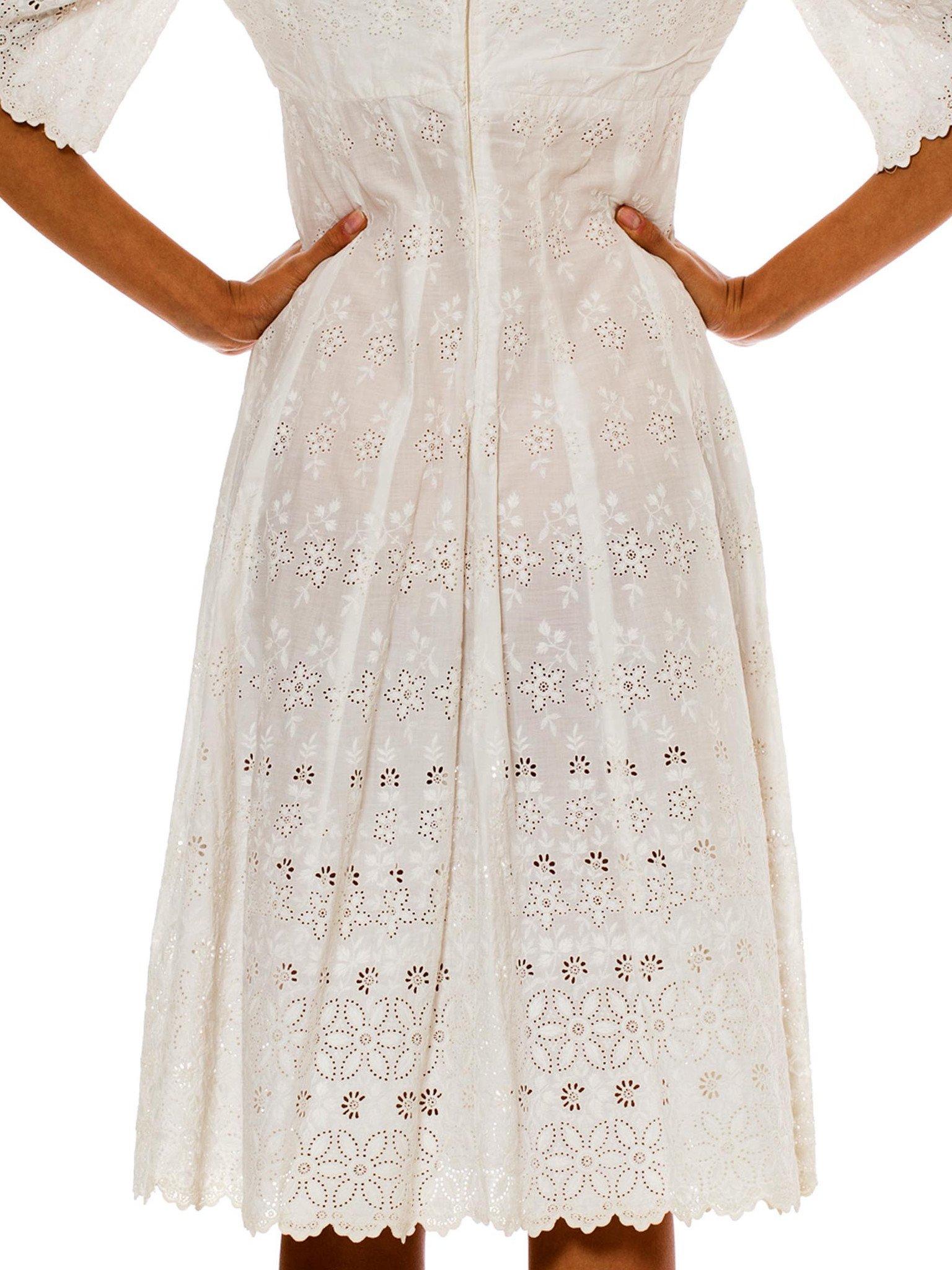 Victorian White Organic Cotton Dress With Floral Eyelet Embroidery & Scalloped  For Sale 3