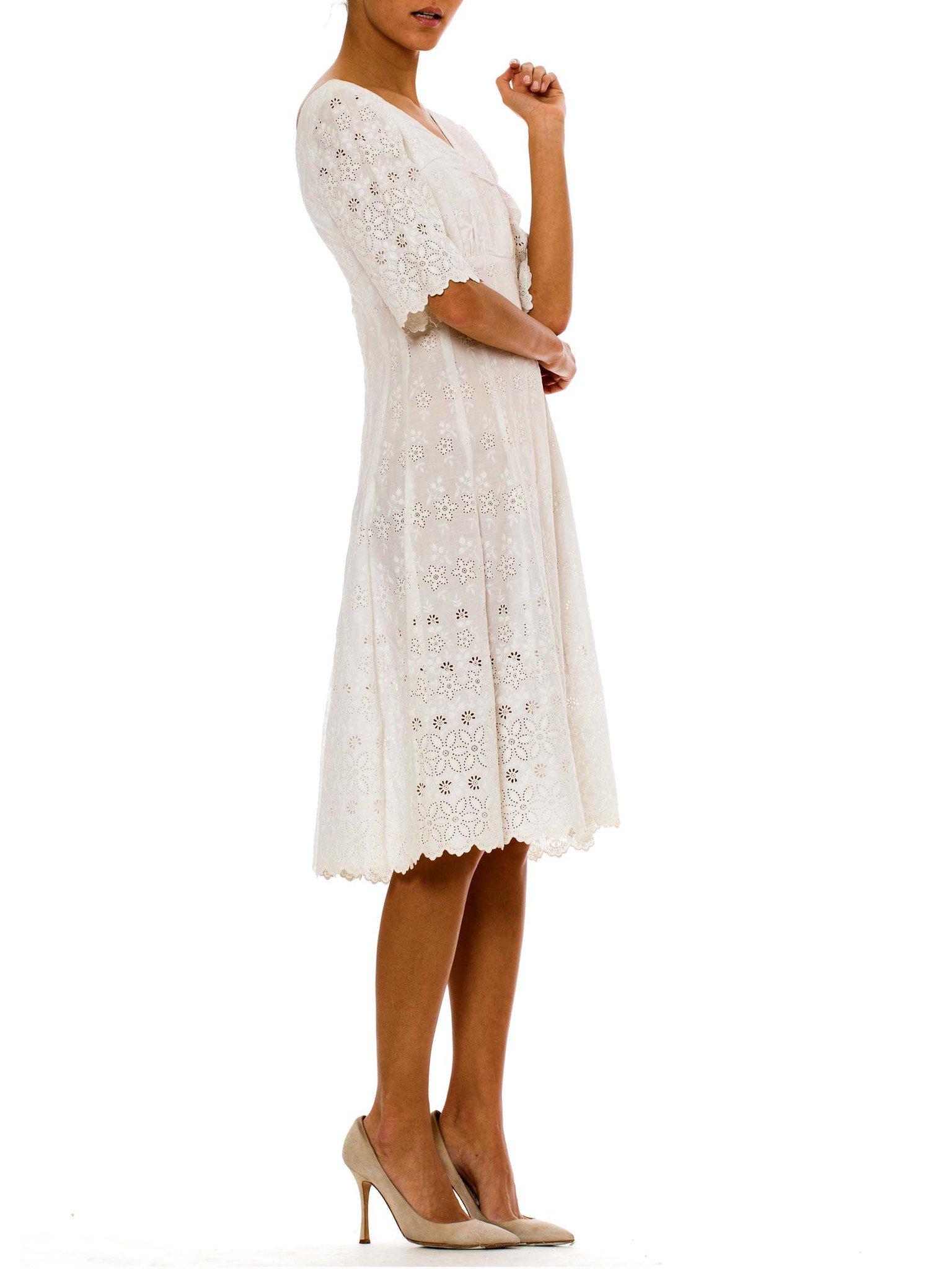 Victorian White Organic Cotton Dress With Floral Eyelet Embroidery & Scalloped  For Sale 4