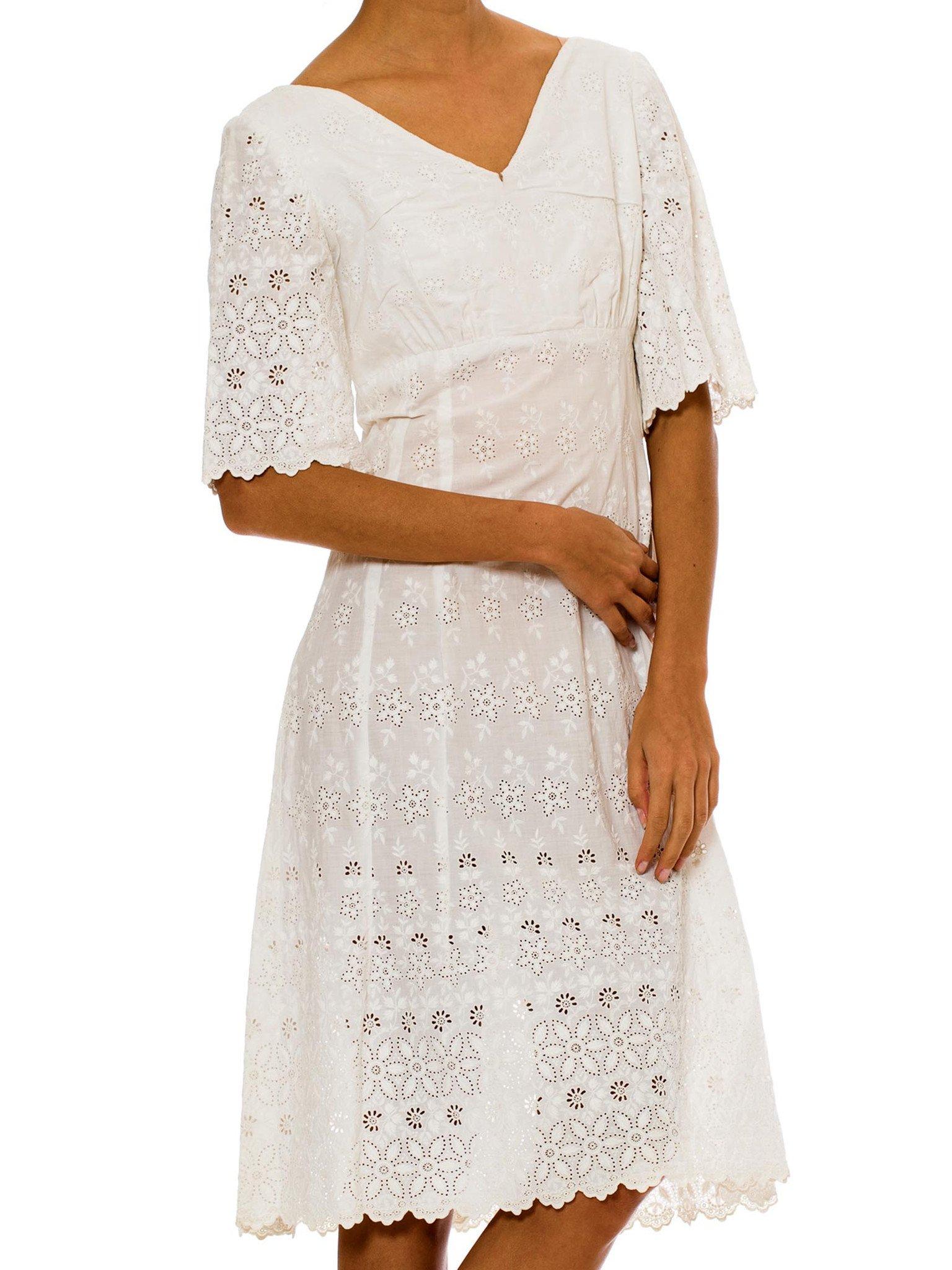 Victorian White Organic Cotton Dress With Floral Eyelet Embroidery & Scalloped  For Sale 5
