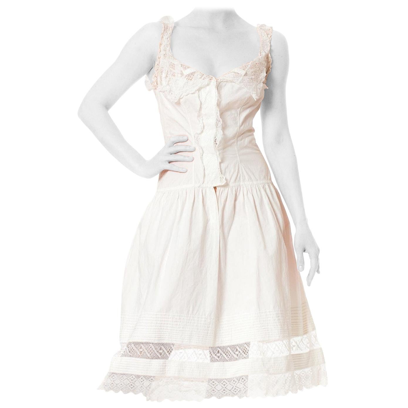 Victorian White Organic Cotton & Handmade Lace Chemise Corset Cover Dress For Sale