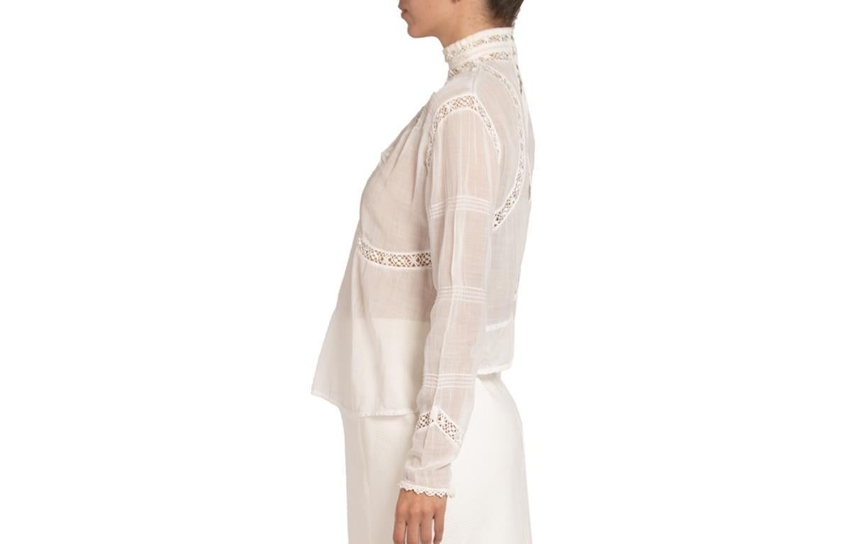 Victorian White Organic Cotton Handmade Lace Top In Excellent Condition In New York, NY