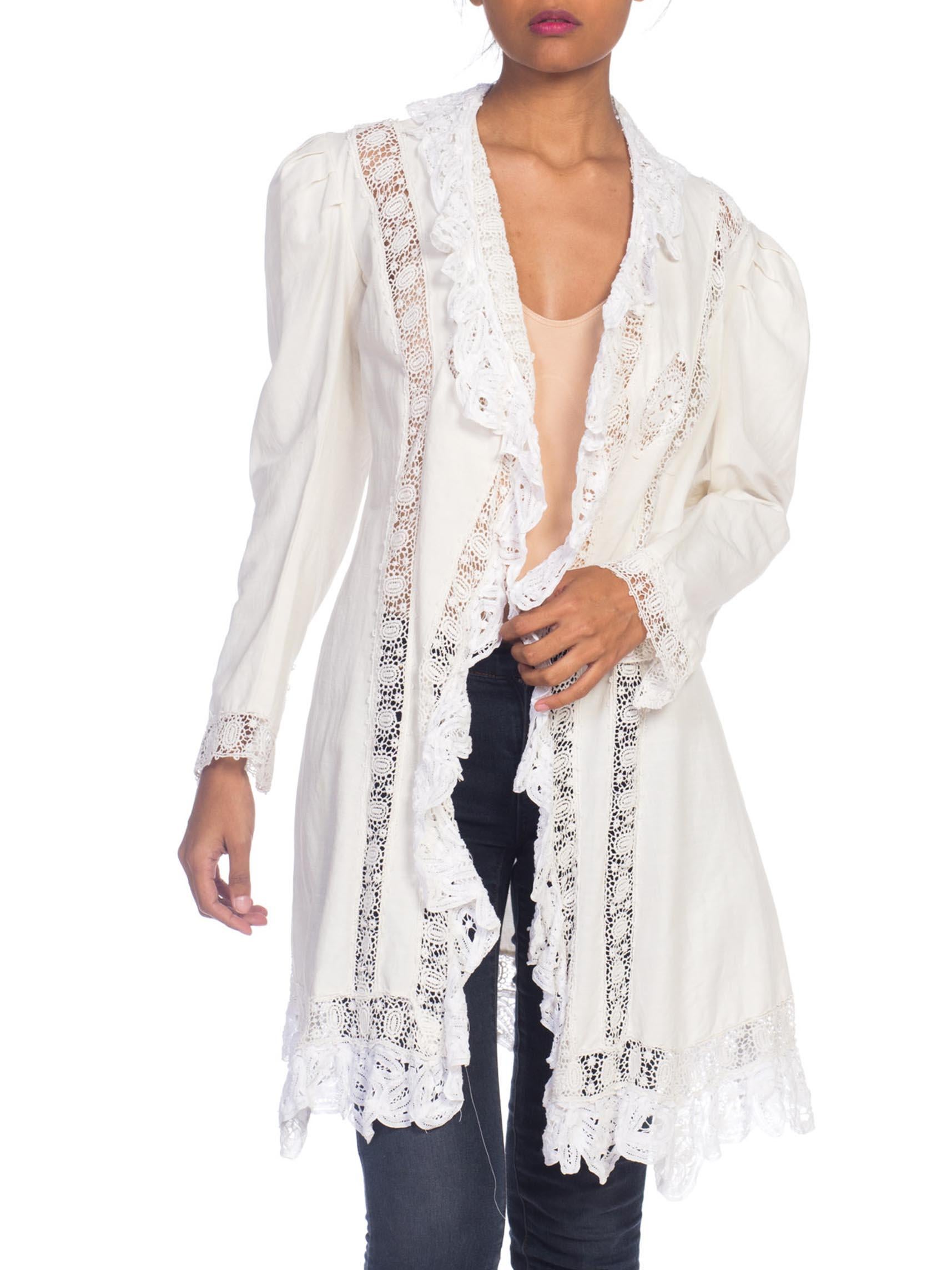 Victorian White Organic Cotton Jacket With Handmade Lace Trim In Excellent Condition For Sale In New York, NY