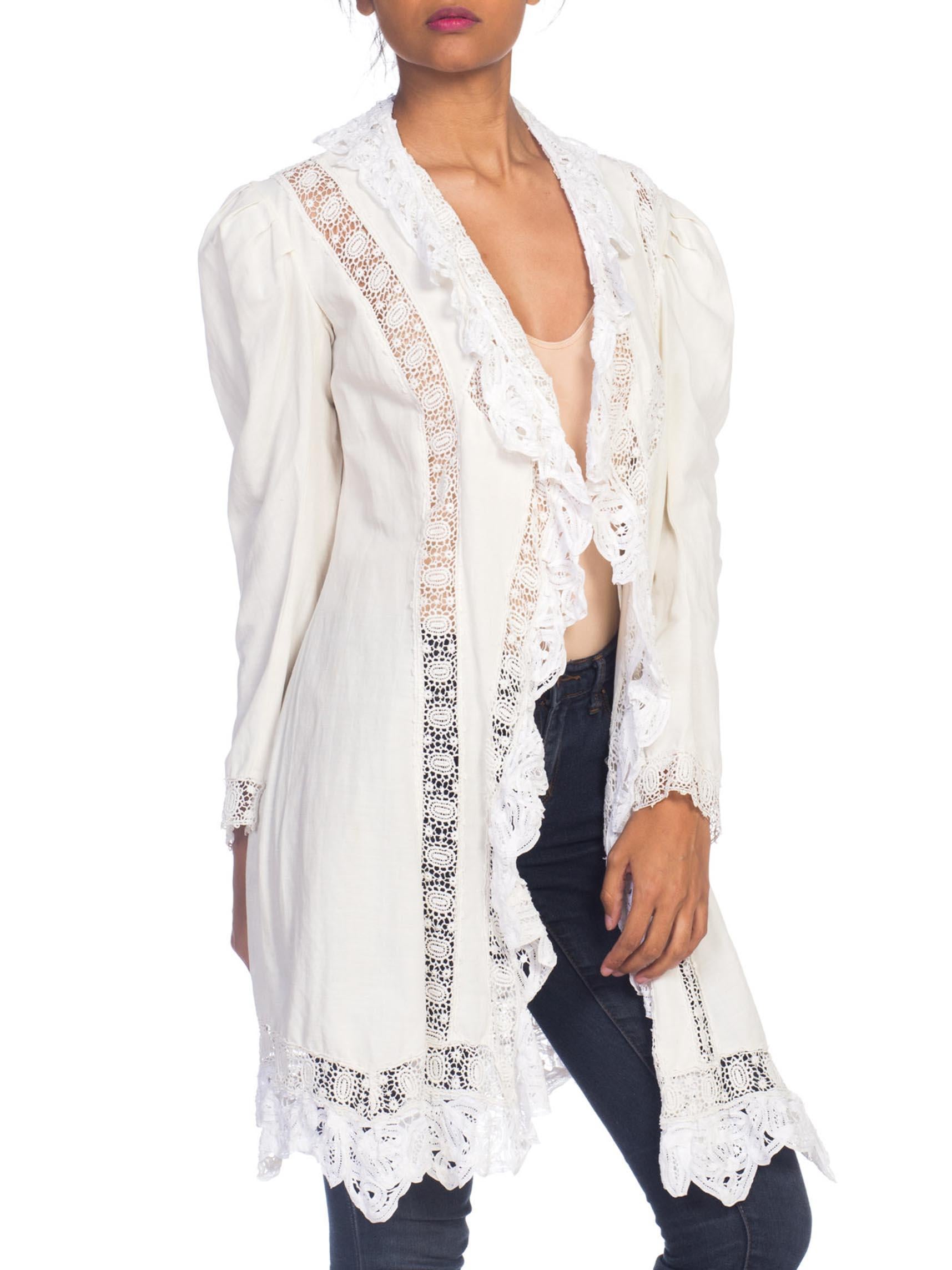 Women's Victorian White Organic Cotton Jacket With Handmade Lace Trim For Sale