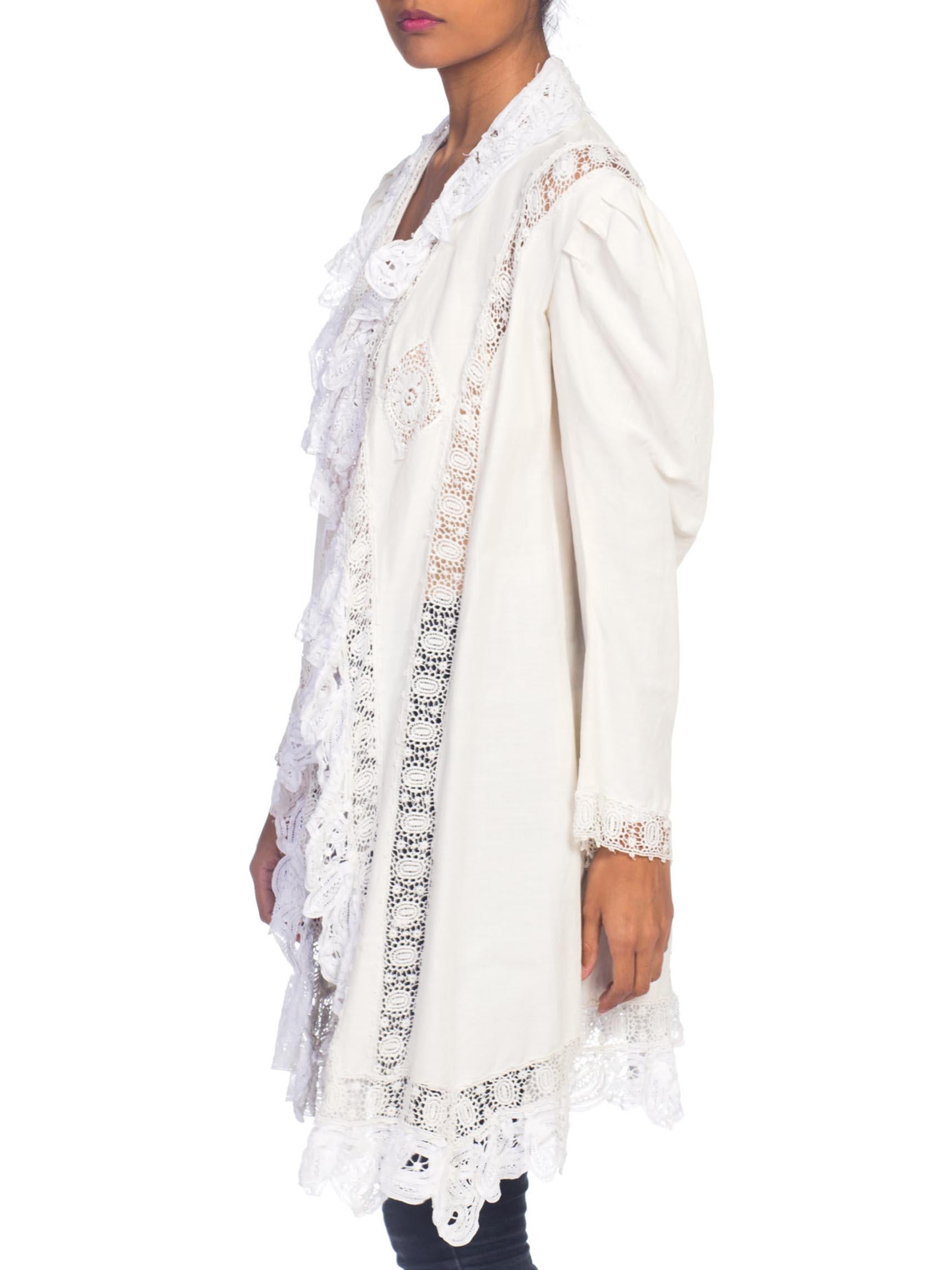 Victorian White Organic Cotton Jacket With Handmade Lace Trim For Sale 1