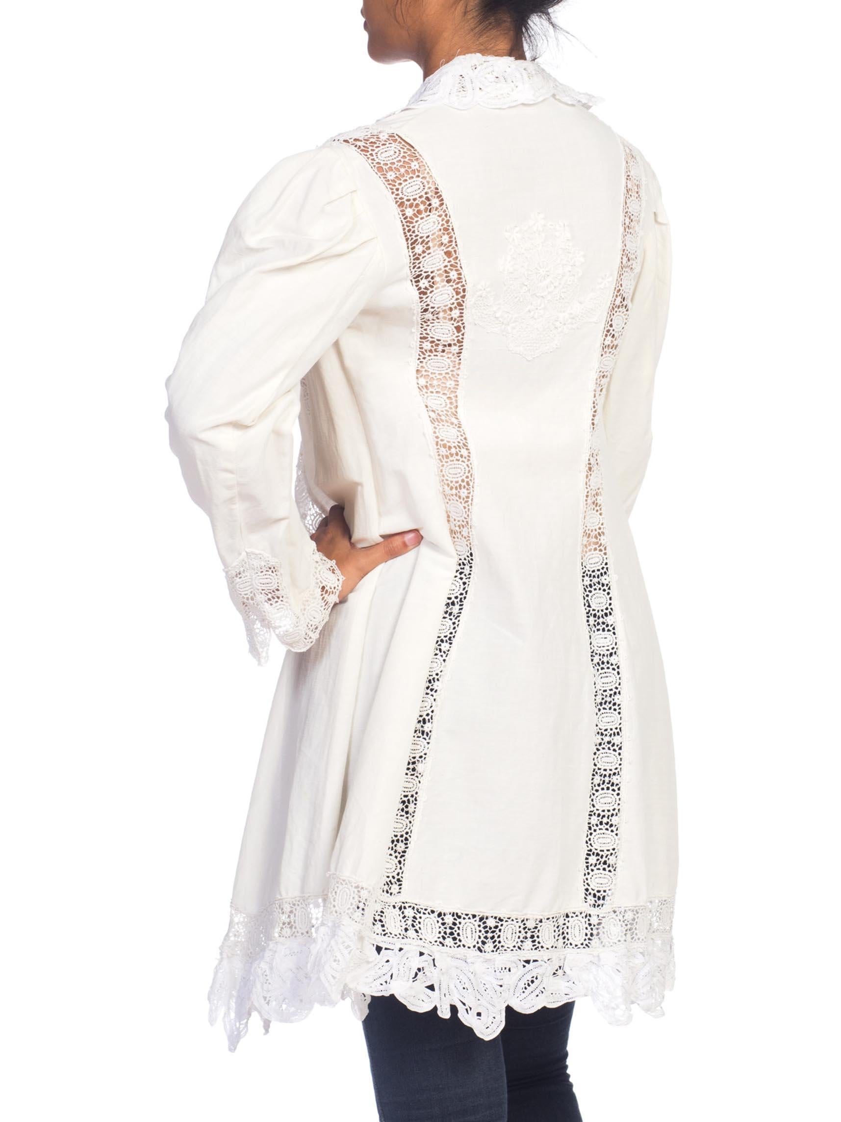 Victorian White Organic Cotton Jacket With Handmade Lace Trim For Sale 2