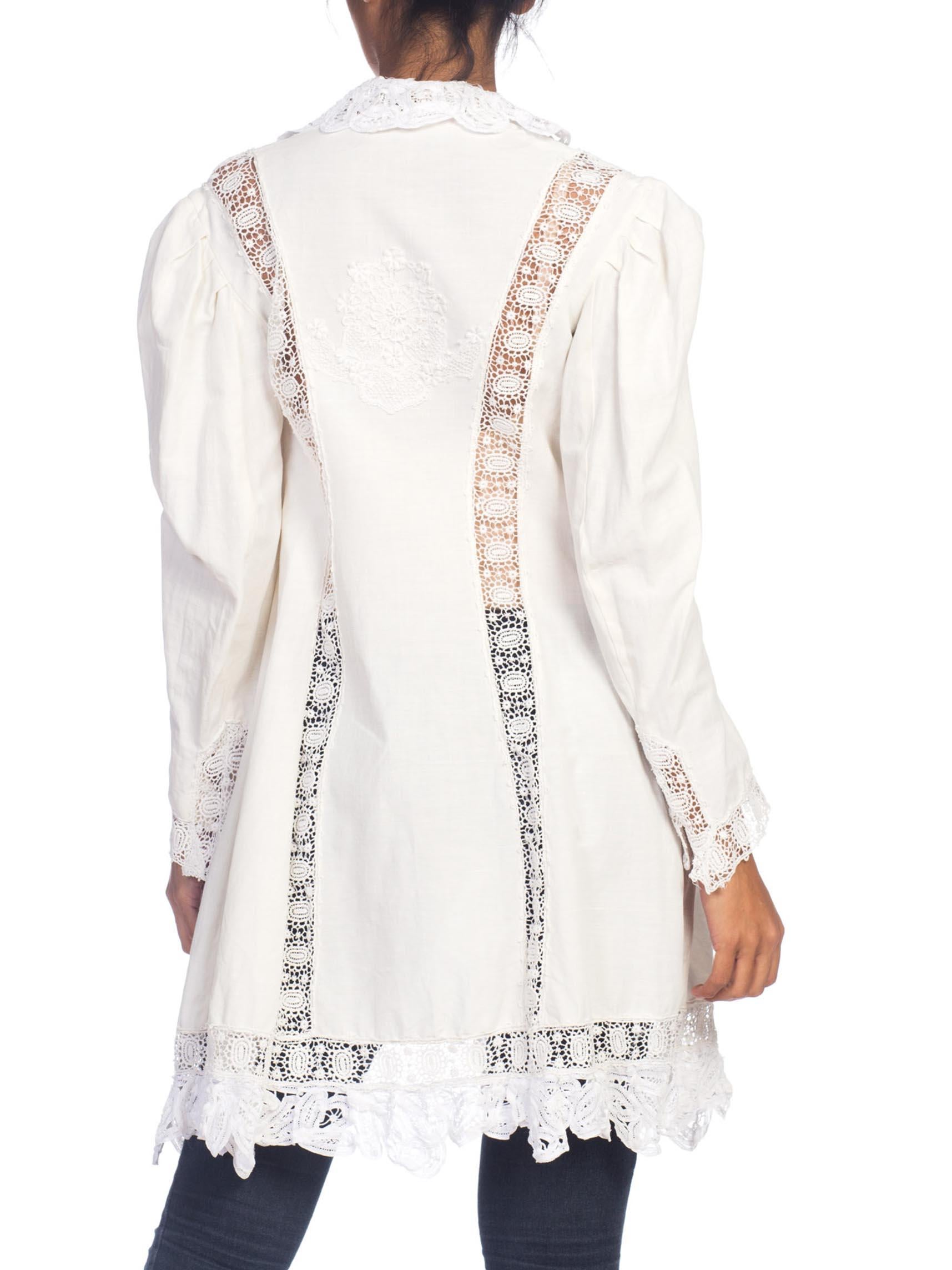 Victorian White Organic Cotton Jacket With Handmade Lace Trim For Sale 3