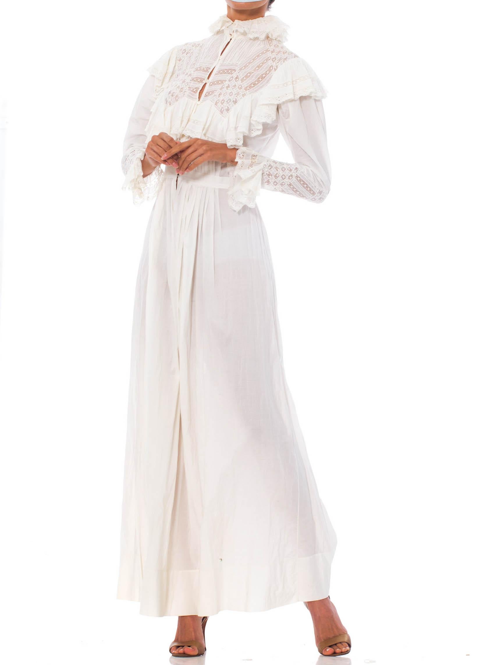 Victorian White Organic Cotton & Lace Belle Epoch Sleeve House Dress With Sash Tie Ruffles