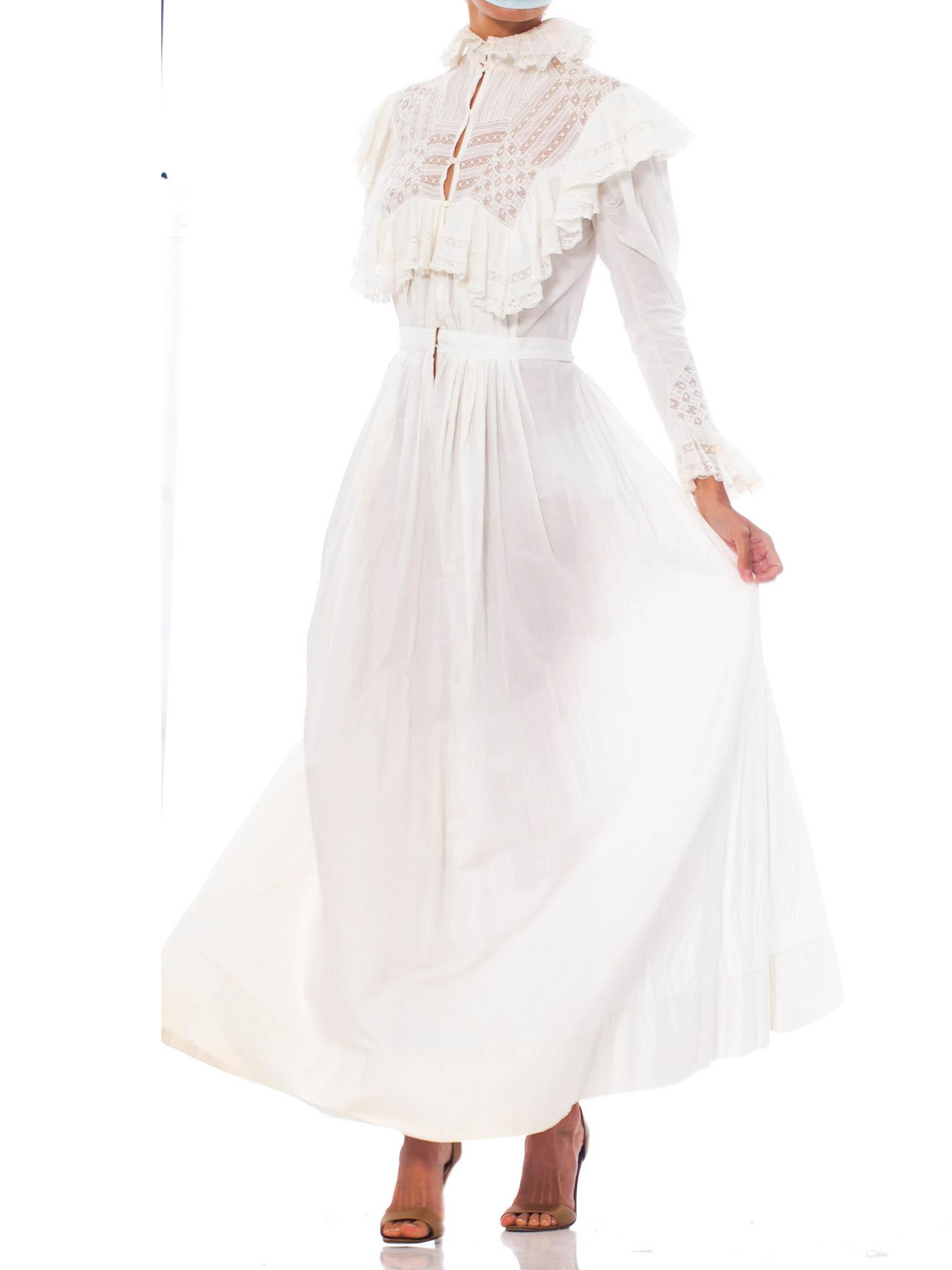 Women's Victorian White Organic Cotton & Lace Belle Epoch Sleeve House Dress With Sash 