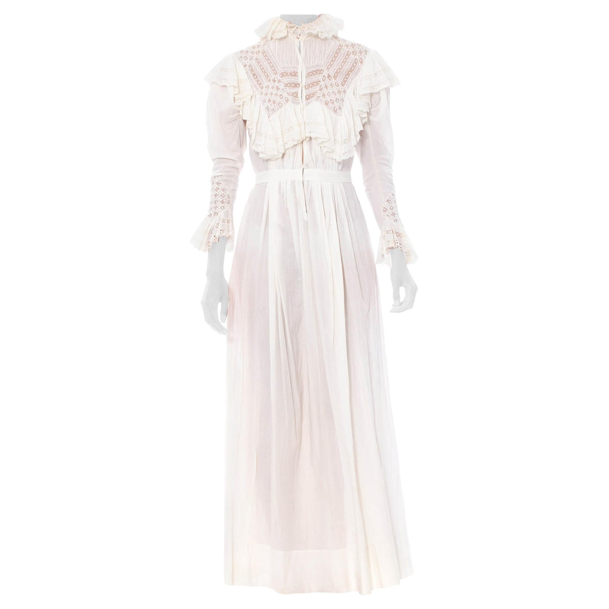 Victorian White Organic Cotton & Lace Belle Epoch Sleeve House Dress With Sash 