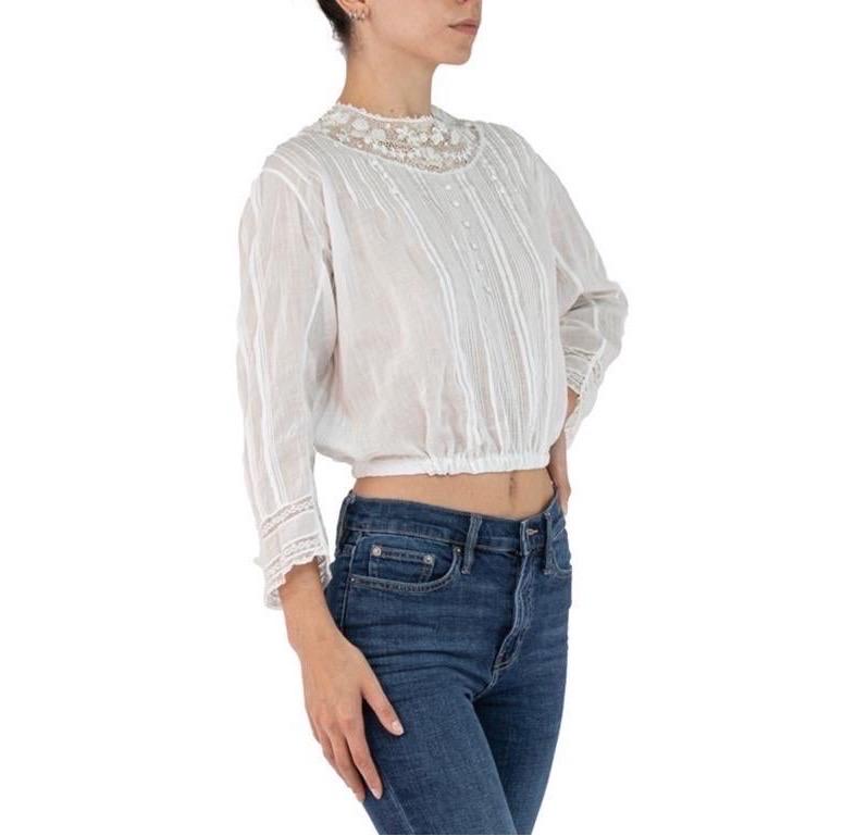 Victorian White Organic Cotton Long Sleeve Top With Lace Neckline For Sale 4