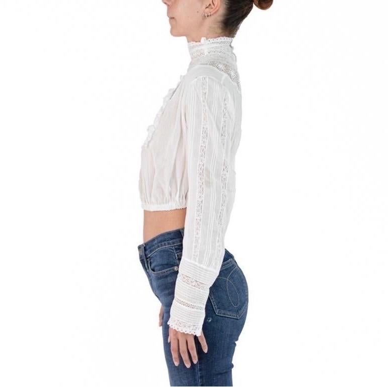 Victorian White Organic Cotton Swan Neck Crop Top Blouse In Excellent Condition For Sale In New York, NY