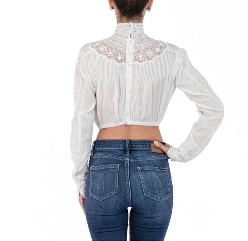 Victorian White Organic Cotton Swan Neck Crop Top Blouse For Sale 1