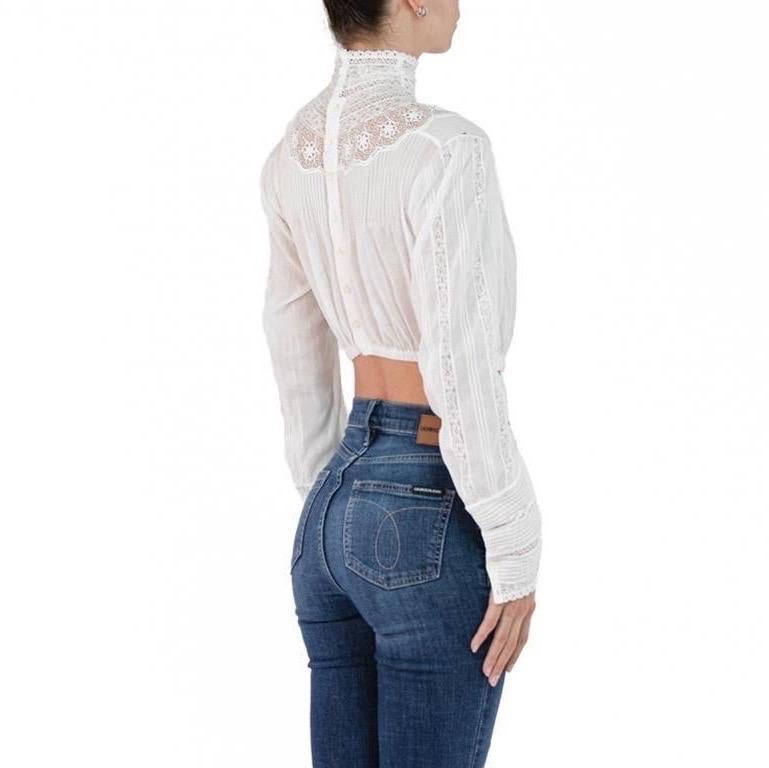 Victorian White Organic Cotton Swan Neck Crop Top Blouse For Sale 2