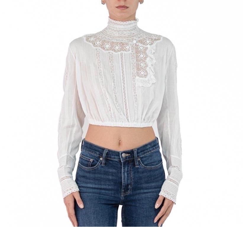 Victorian White Organic Cotton Swan Neck Crop Top Blouse For Sale 3