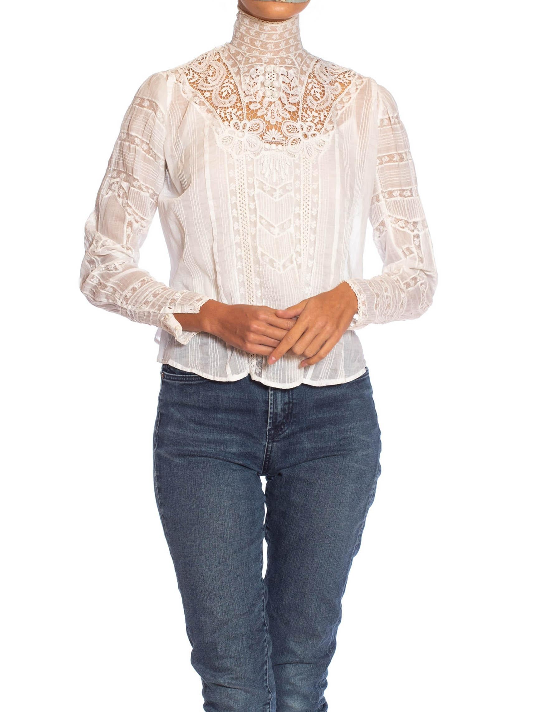 Victorian White Organic Cotton Voile & Floral Lace Swan Neck Blouse With Irish Crochet Styled Details