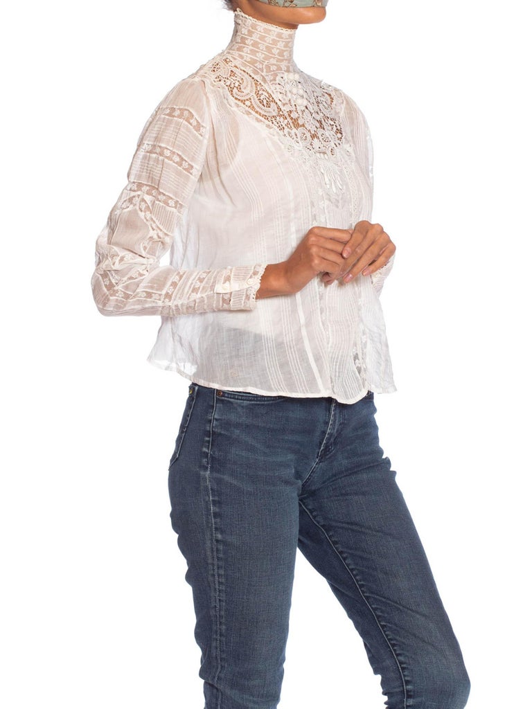 Victorian White Organic Cotton Voile and Floral Lace Swan Neck Blouse ...