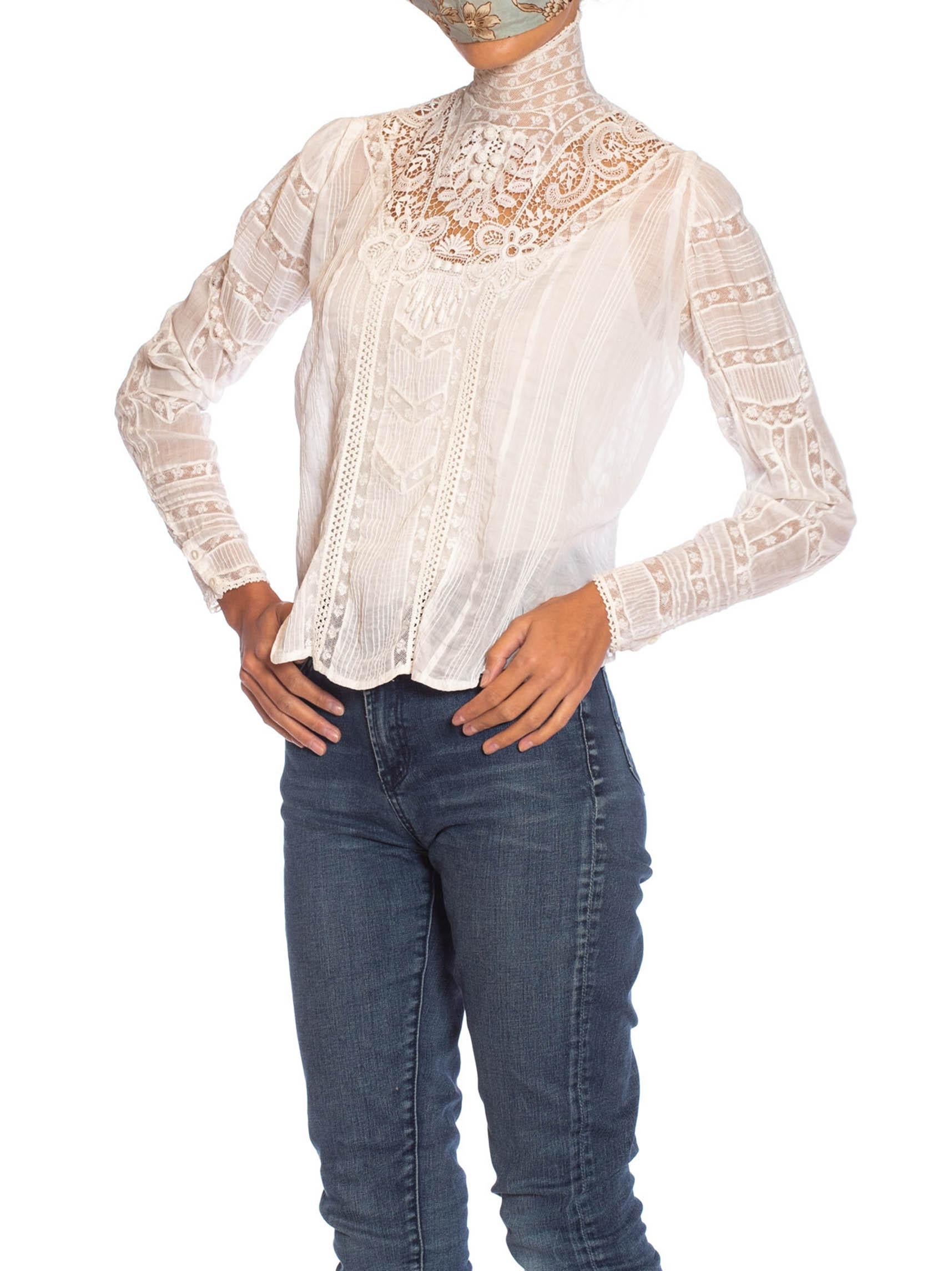 Victorian White Organic Cotton Voile & Floral Lace Swan Neck Blouse With Irish  In Excellent Condition In New York, NY
