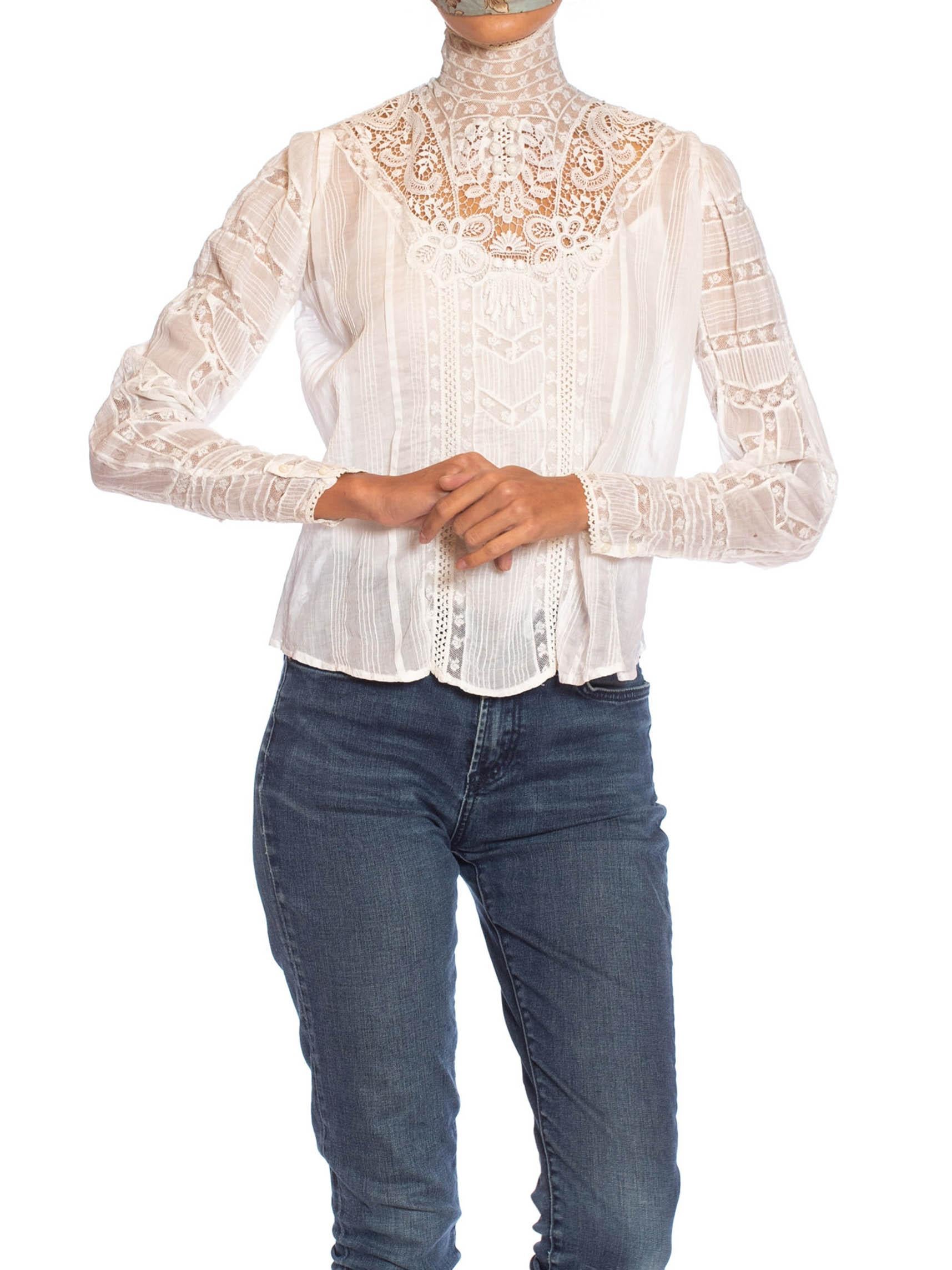 Women's Victorian White Organic Cotton Voile & Floral Lace Swan Neck Blouse With Irish 