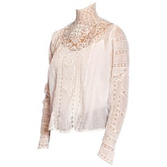 Antique Victorian White Organic Cotton Voile & Floral Lace Swan Neck Blouse With Irish