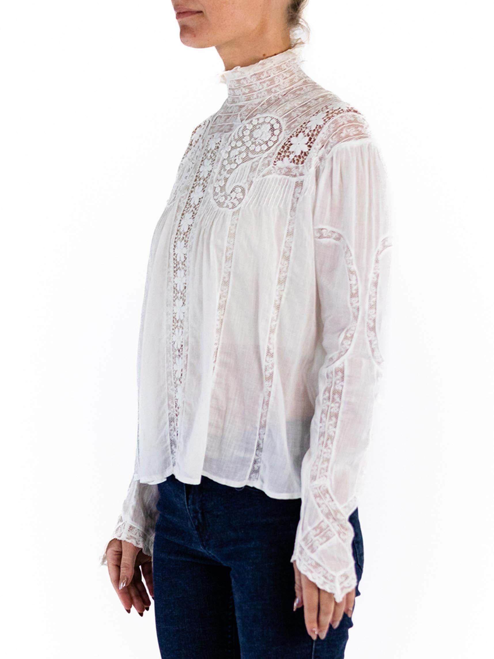 Victorian White Organic Cotton Voile & Lace Swan Neck Blouse In Excellent Condition For Sale In New York, NY