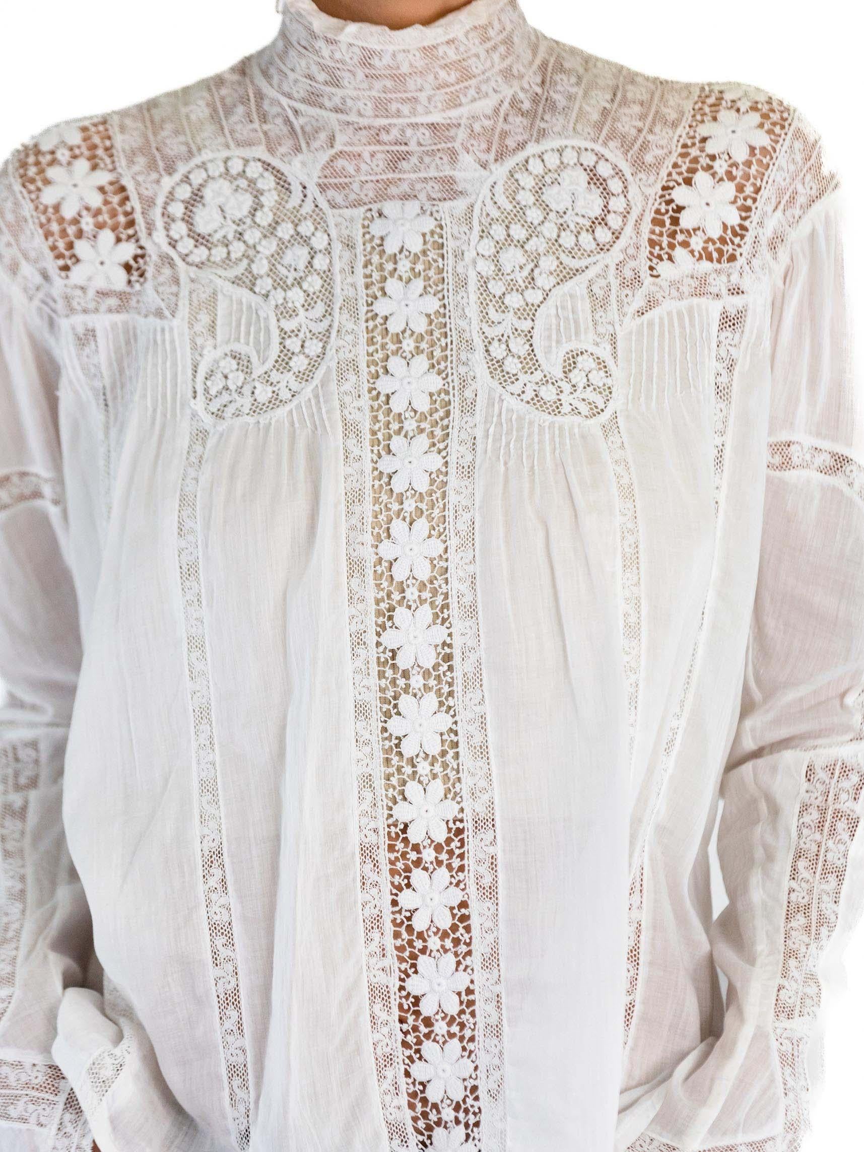 Victorian White Organic Cotton Voile & Lace Swan Neck Blouse For Sale 3
