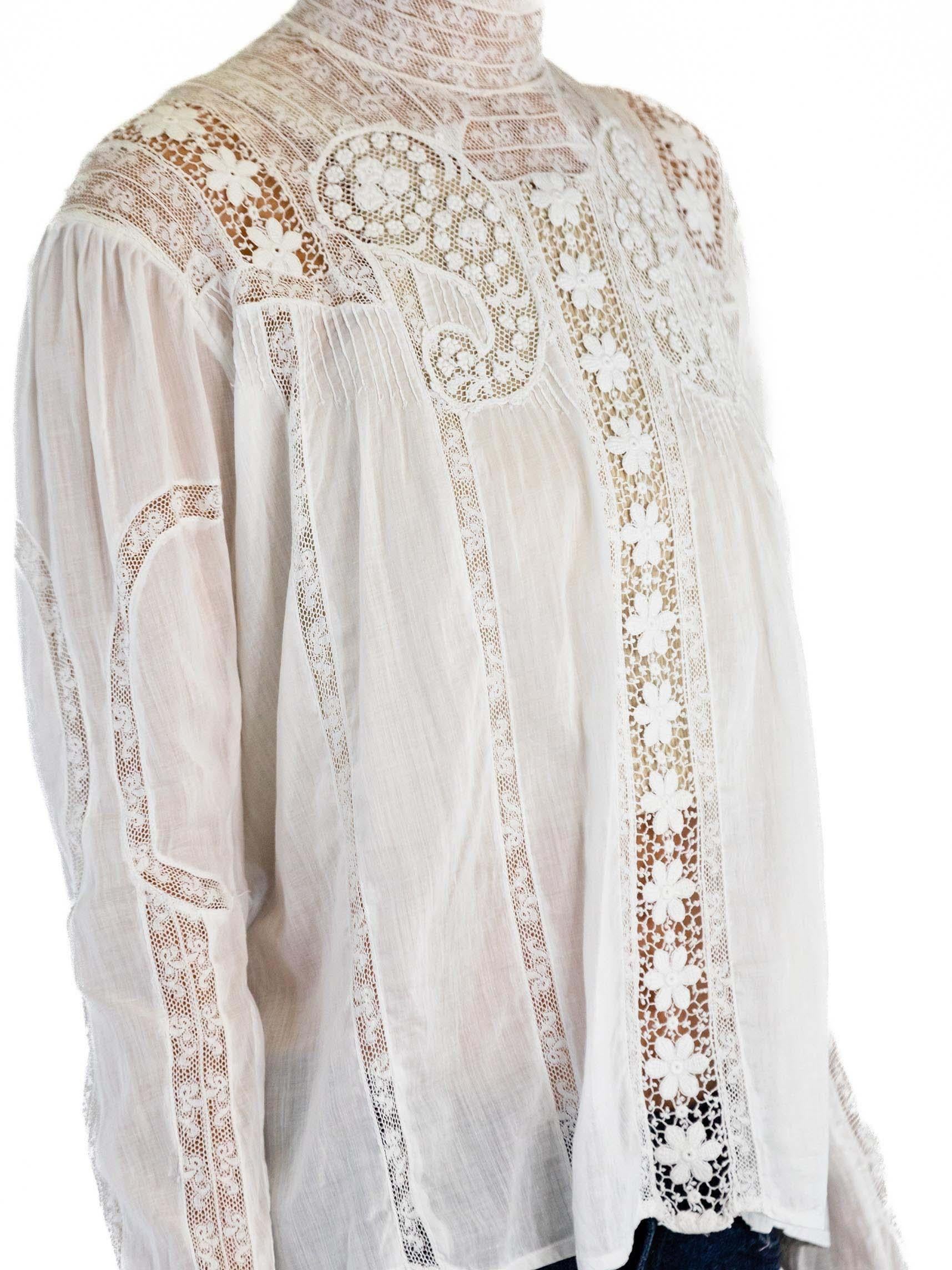 Victorian White Organic Cotton Voile & Lace Swan Neck Blouse For Sale 4